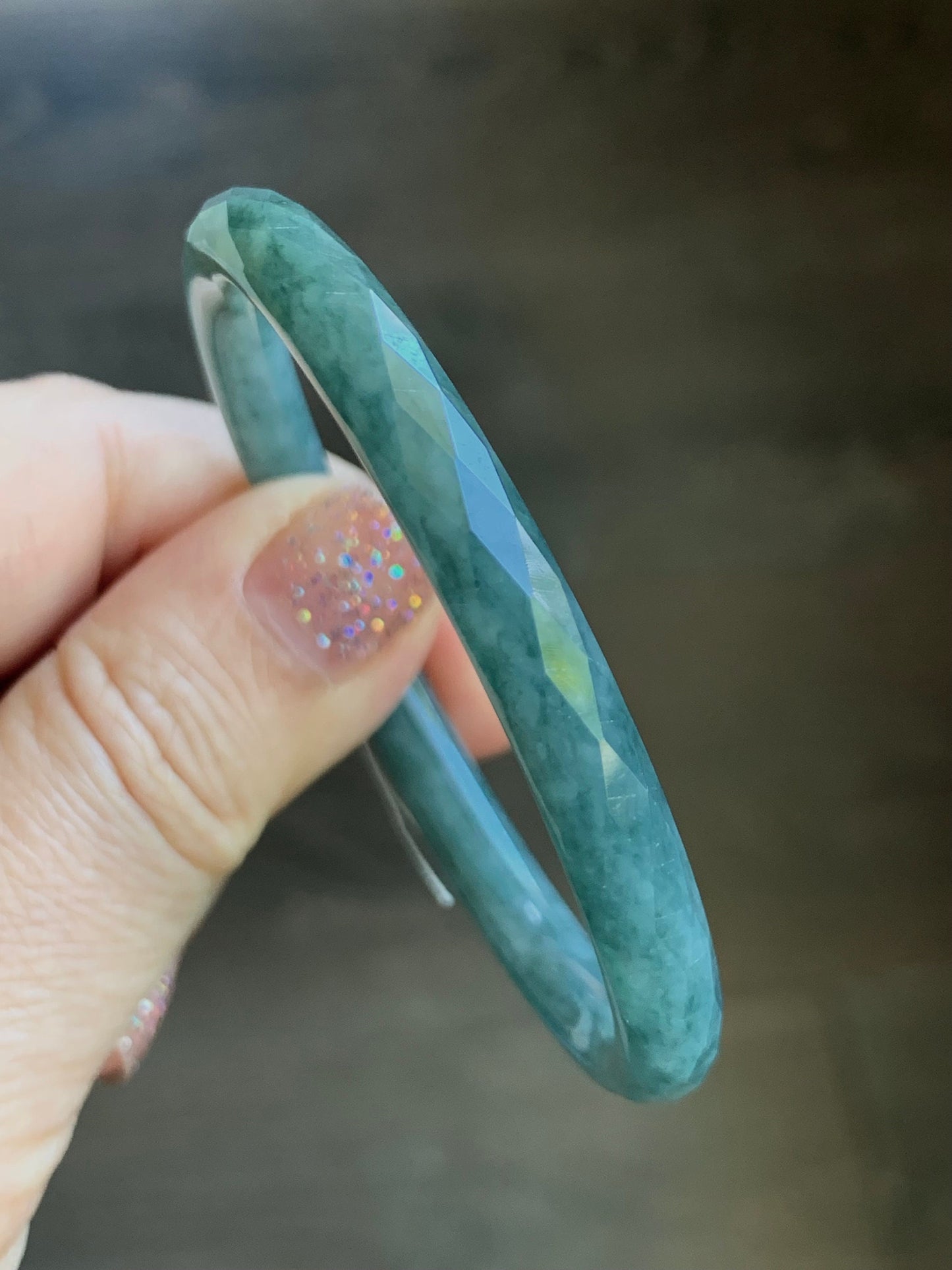 Certified Natural Guatemalan Icy Translucent Dusty Teal Blue Jadeite Diamond Faceted Bangle Bracelet 51.9mm 16.19 grams 天然冰危蓝翡翠细圆条切割面手镯 7103