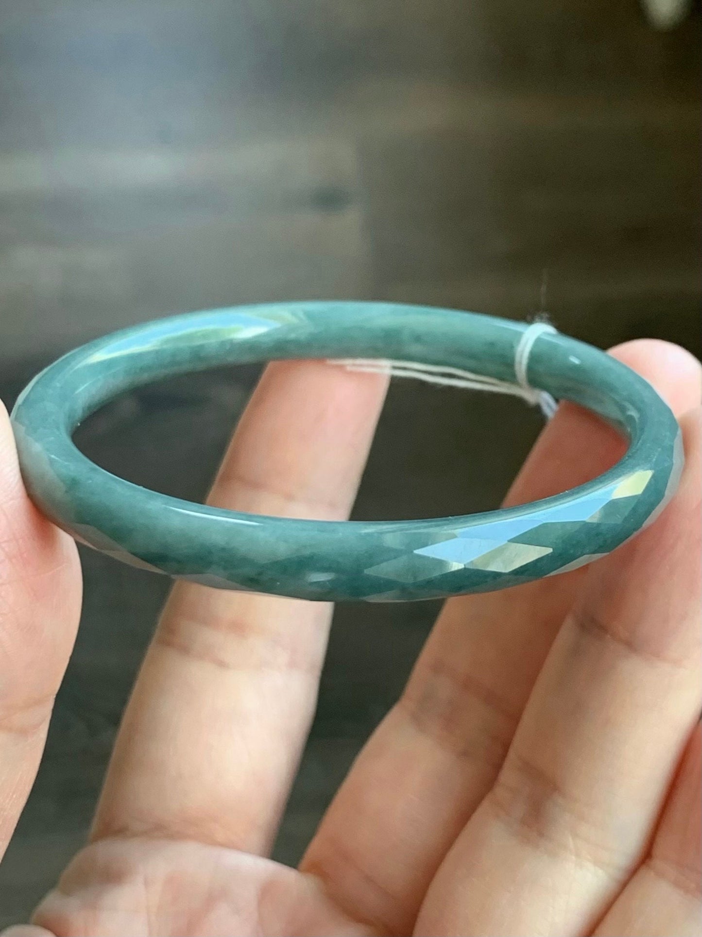 Certified Natural Guatemalan Icy Translucent Dusty Teal Blue Jadeite Diamond Faceted Bangle Bracelet 51.8mm 16.84 grams 天然冰危蓝翡翠细圆条切割面手镯 7102