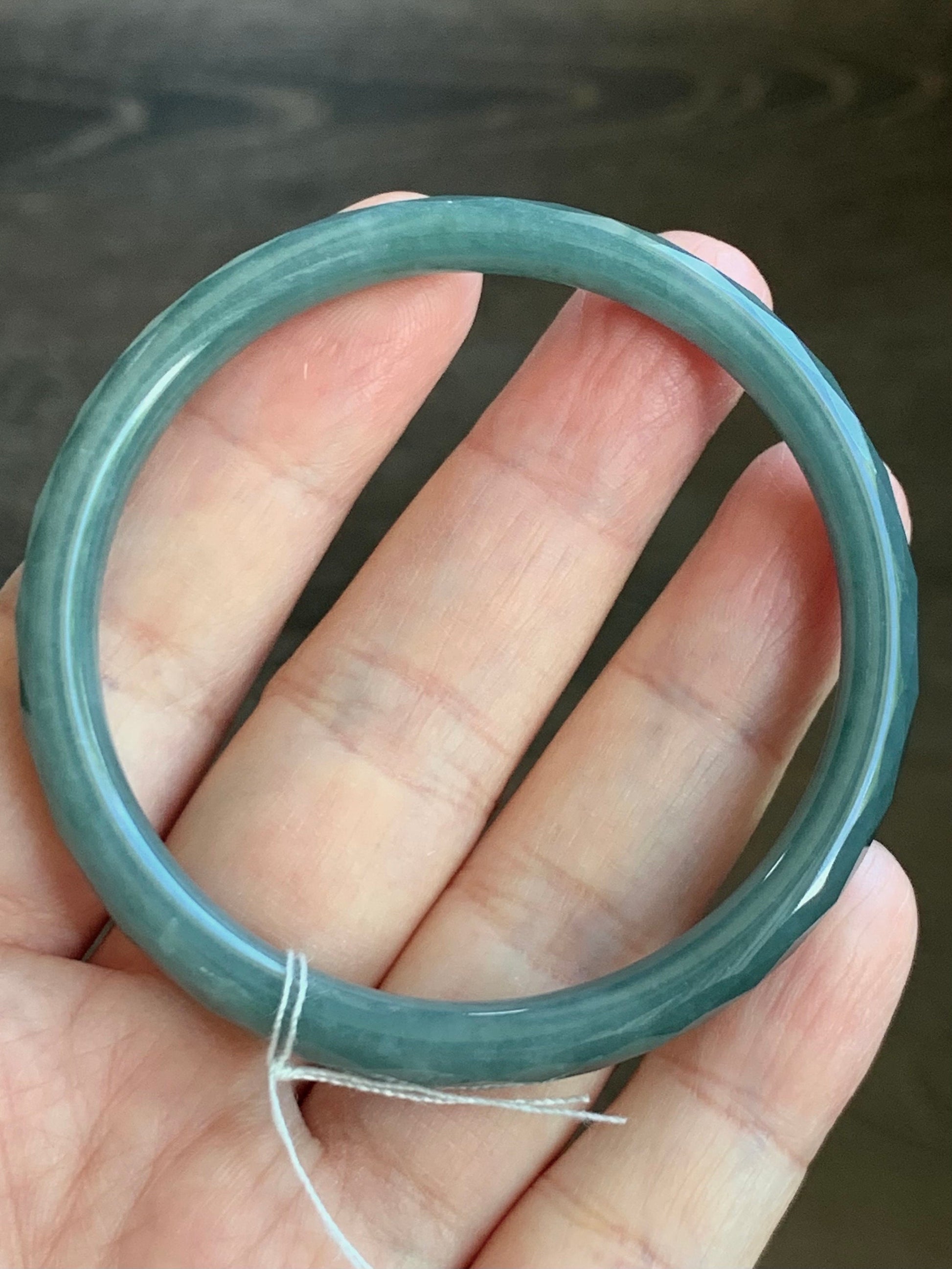 Certified Natural Guatemalan Icy Translucent Dusty Teal Blue Jadeite Diamond Faceted Bangle Bracelet 51.8mm 16.84 grams 天然冰危蓝翡翠细圆条切割面手镯 7102