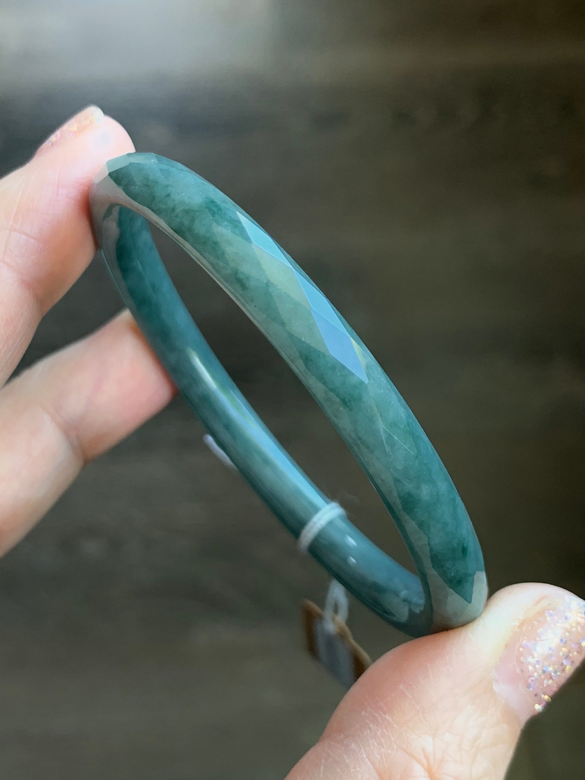 Certified Natural Guatemalan Icy Translucent Dusty Teal Blue Jadeite Diamond Faceted Bangle Bracelet 51.8mm 16.84 grams 天然冰危蓝翡翠细圆条切割面手镯 7102