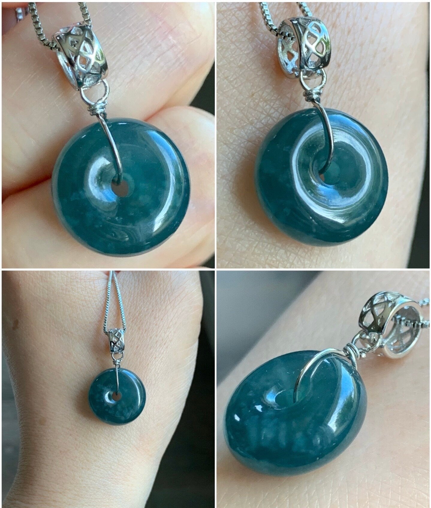 Natural Guatemalan Icy Translucent Teal Blue Jadeite Thick Ping An Kou Donut Pendant Sterling Silver 天然冰危蓝翡翠肥扣平安扣吊坠