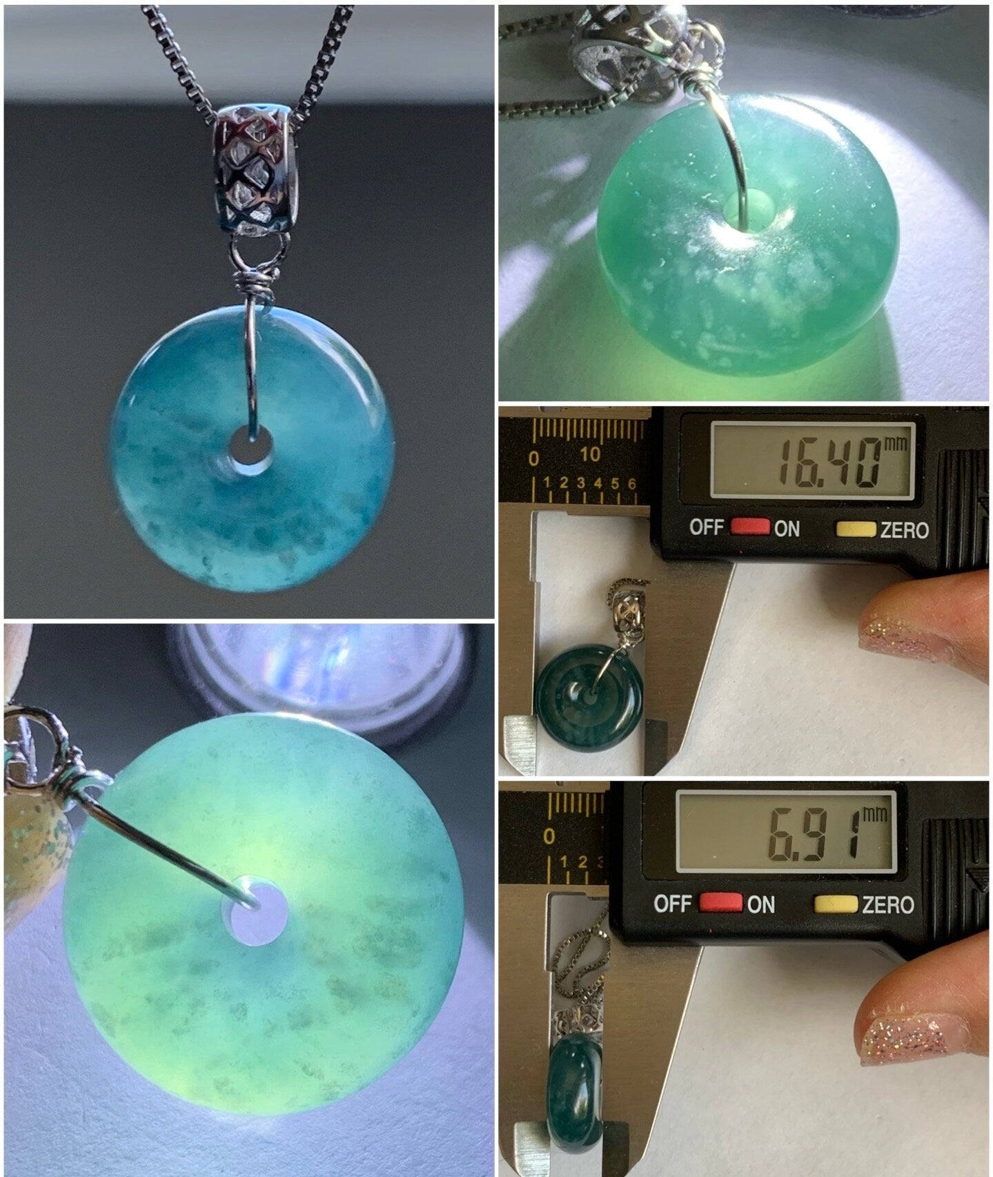 Natural Guatemalan Icy Translucent Teal Blue Jadeite Thick Ping An Kou Donut Pendant Sterling Silver 天然冰危蓝翡翠肥扣平安扣吊坠