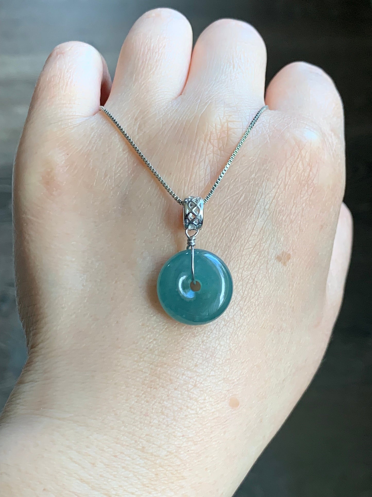 Natural Guatemalan Icy Translucent Teal Blue Jadeite Thick Ping An Kou Donut Pendant Sterling Silver 天然冰危蓝翡翠肥扣平安扣吊坠