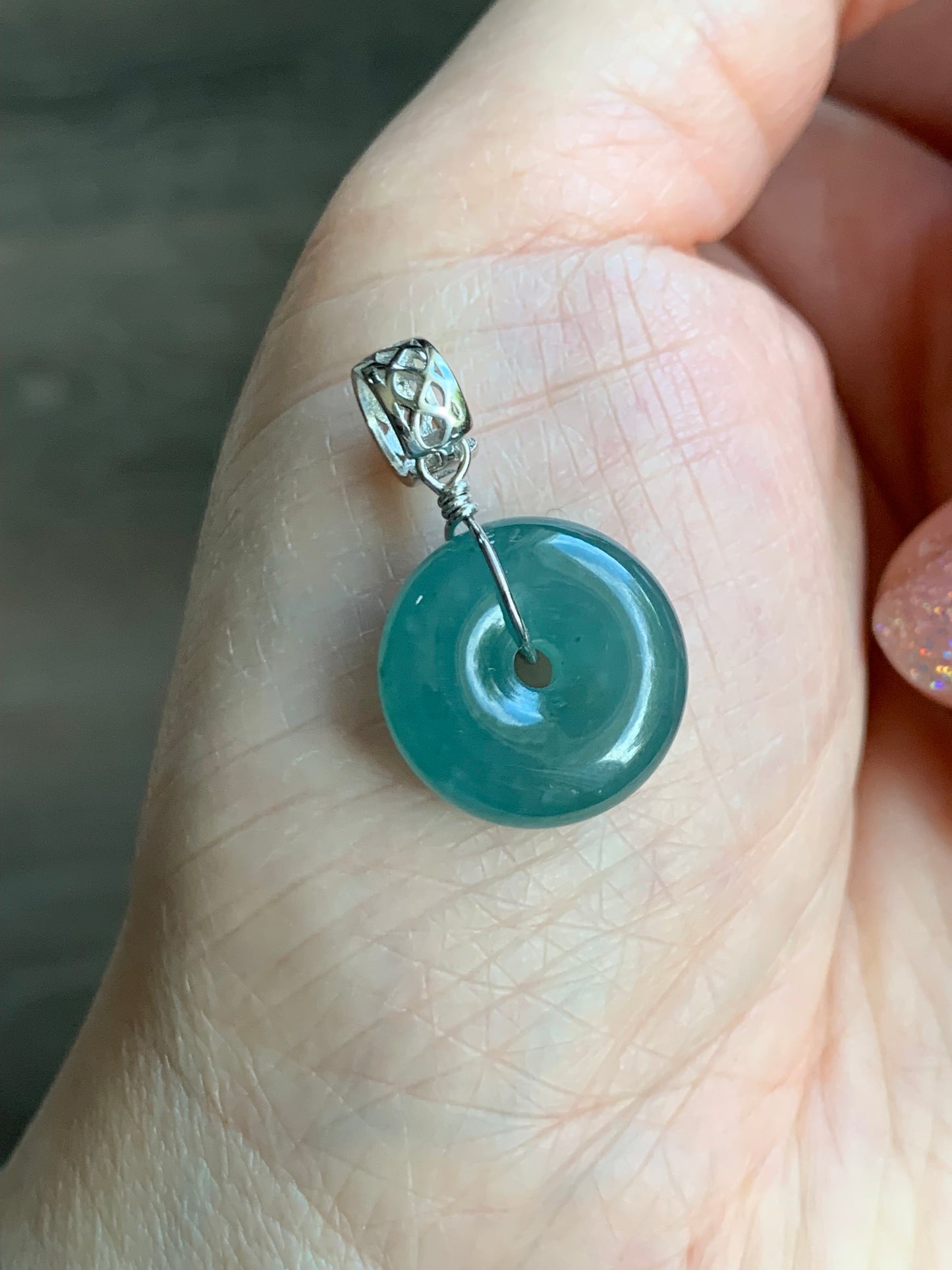 Natural Guatemalan Icy Translucent Teal Blue Jadeite Thick Ping An Kou Donut Pendant Sterling Silver 天然冰危蓝翡翠肥扣平安扣吊坠