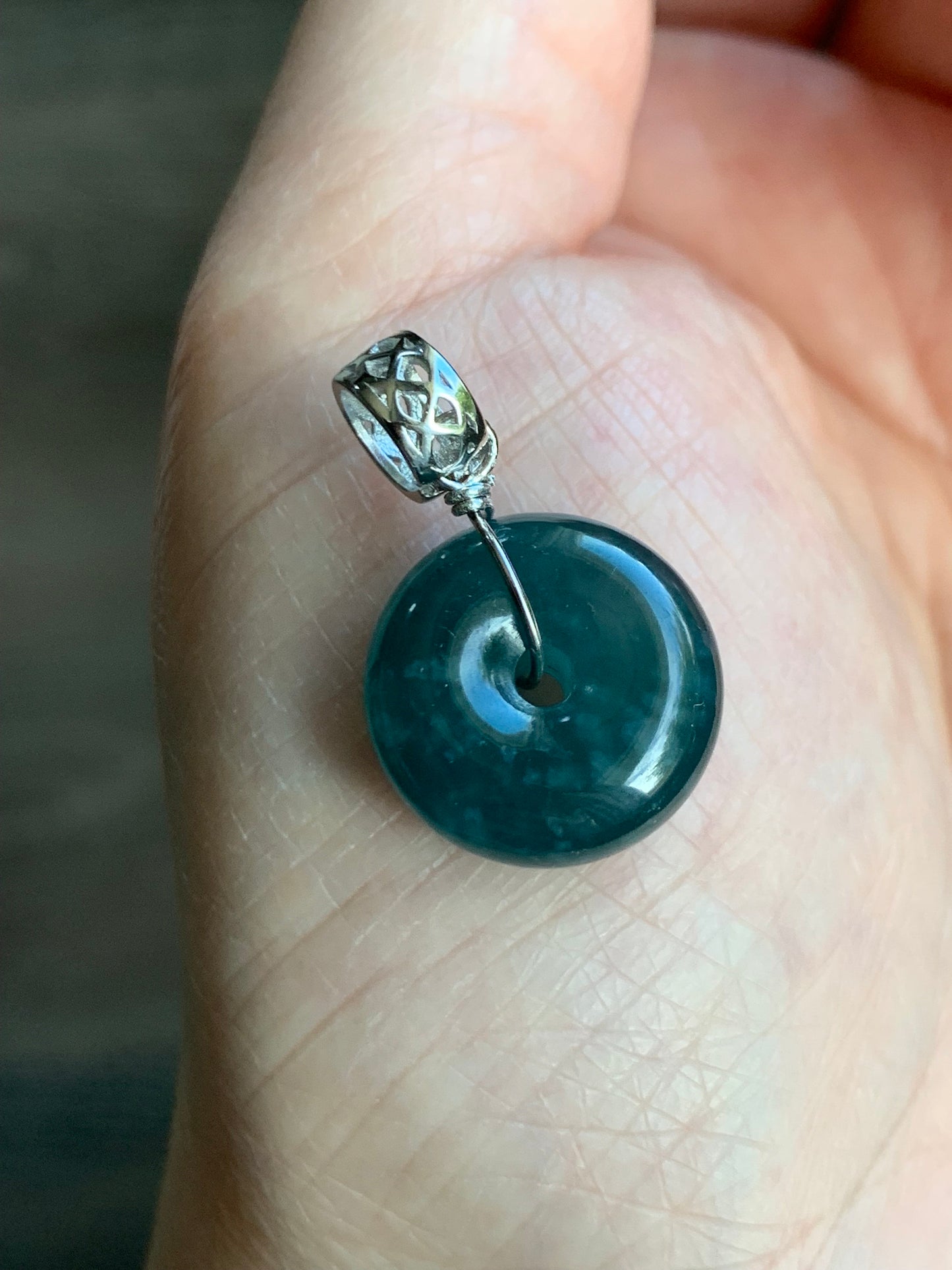 Natural Guatemalan Icy Translucent Teal Blue Jadeite Thick Ping An Kou Donut Pendant Sterling Silver 天然冰危蓝翡翠肥扣平安扣吊坠