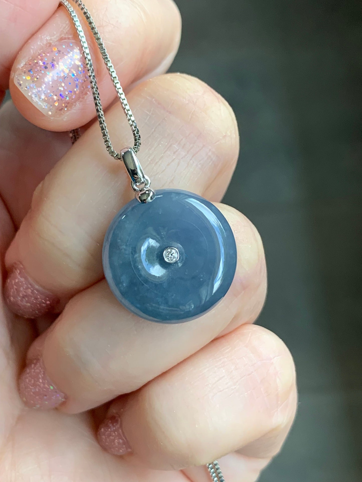 Certified Natural Guatemalan Icy Translucent Purplish Blue Jadeite Ping An Kou Donut Pendant 18K White Gold & Diamond 天然冰危蓝紫平安扣钻石镶嵌吊坠 7064