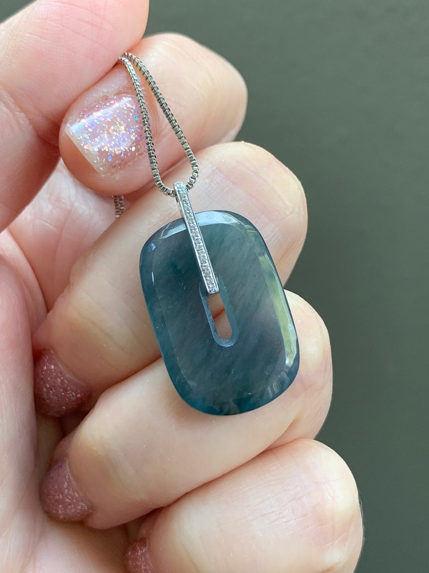 Certified Natural Guatemalan Icy Highly Translucent Blue Jadeite Ping An Kou Donut Pendant 18K White Gold & Diamond 天然高冰危深蓝翡翠平安扣镶嵌吊坠 7050