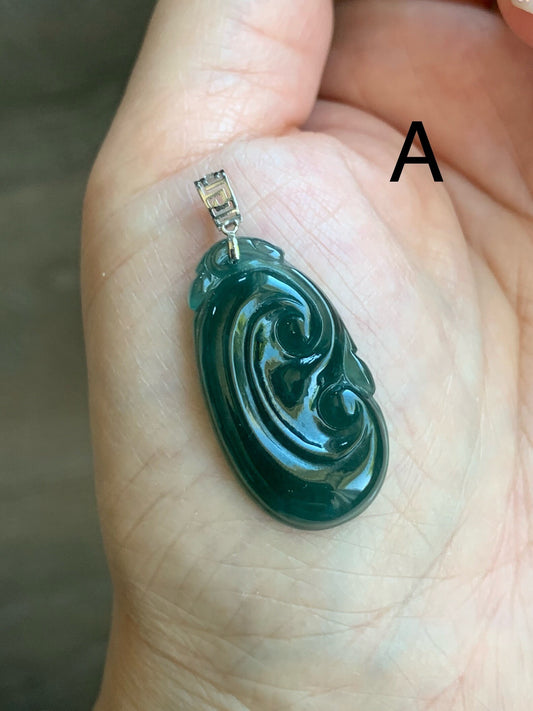 Natural Guatemalan Icy Translucent Teal Blue Jadeite Carved Ruyi Pendant 18K White Gold Bail 天然冰危蓝水翡翠如意镶嵌吊坠