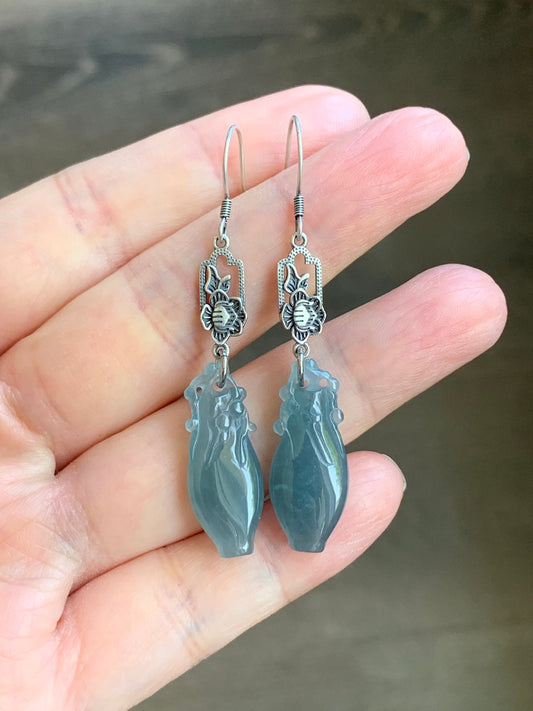 Natural Guatemalan Icy Translucent Gelatinous Dark Dusty Blue Jadeite Carved Flower Vase Dangle Earrings Sterling Silver 天然冰胶危蓝翡翠宝瓶银耳钩