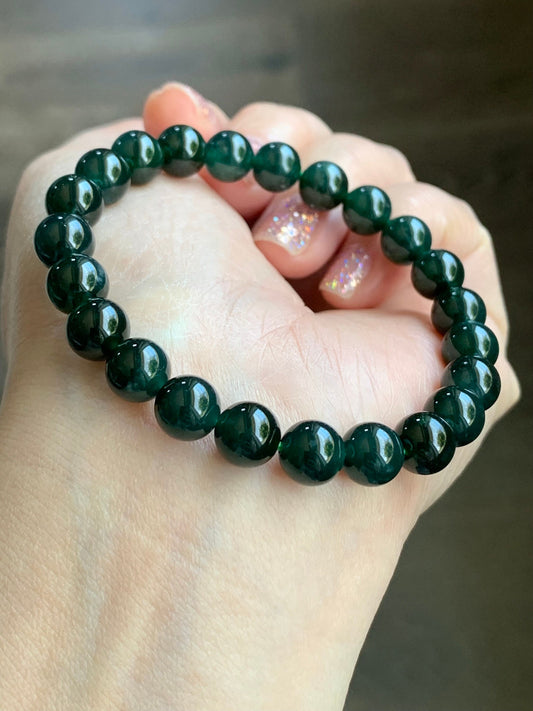 Natural Guatemalan Icy Translucent Gelatinous Dark Teal Green Jadeite Beaded Bracelet 7.9mm 6.5” 20g 天然老种冰胶危湖水绿翡翠手串 HSL36