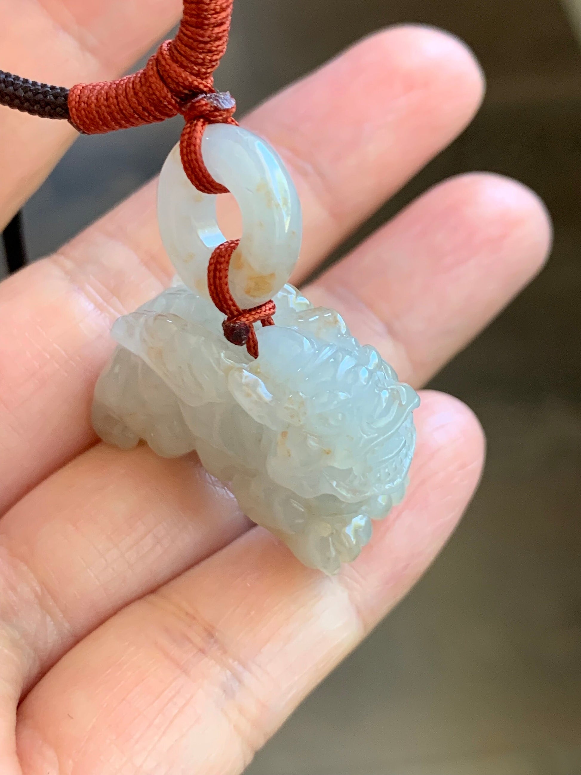 Natural Burmese Icy Translucent Gelatinous Light Beige Jadeite w/ Golden Marbling Flying Pixiu & Donut Pendant Necklace 天然缅甸冰糖黄撒金翡翠飞天貔貅平安扣项链