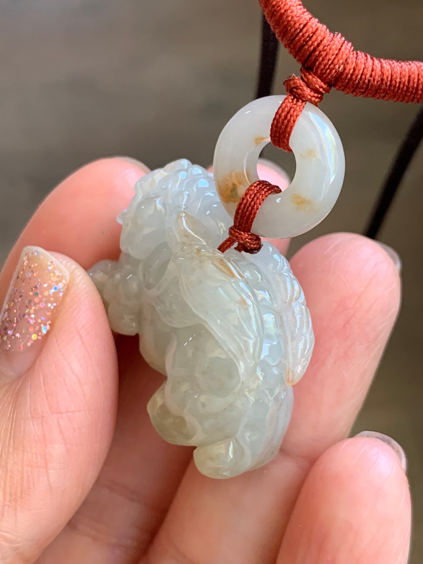 Natural Burmese Icy Translucent Gelatinous Light Beige Jadeite w/ Golden Marbling Flying Pixiu & Donut Pendant Necklace 天然缅甸冰糖黄撒金翡翠飞天貔貅平安扣项链