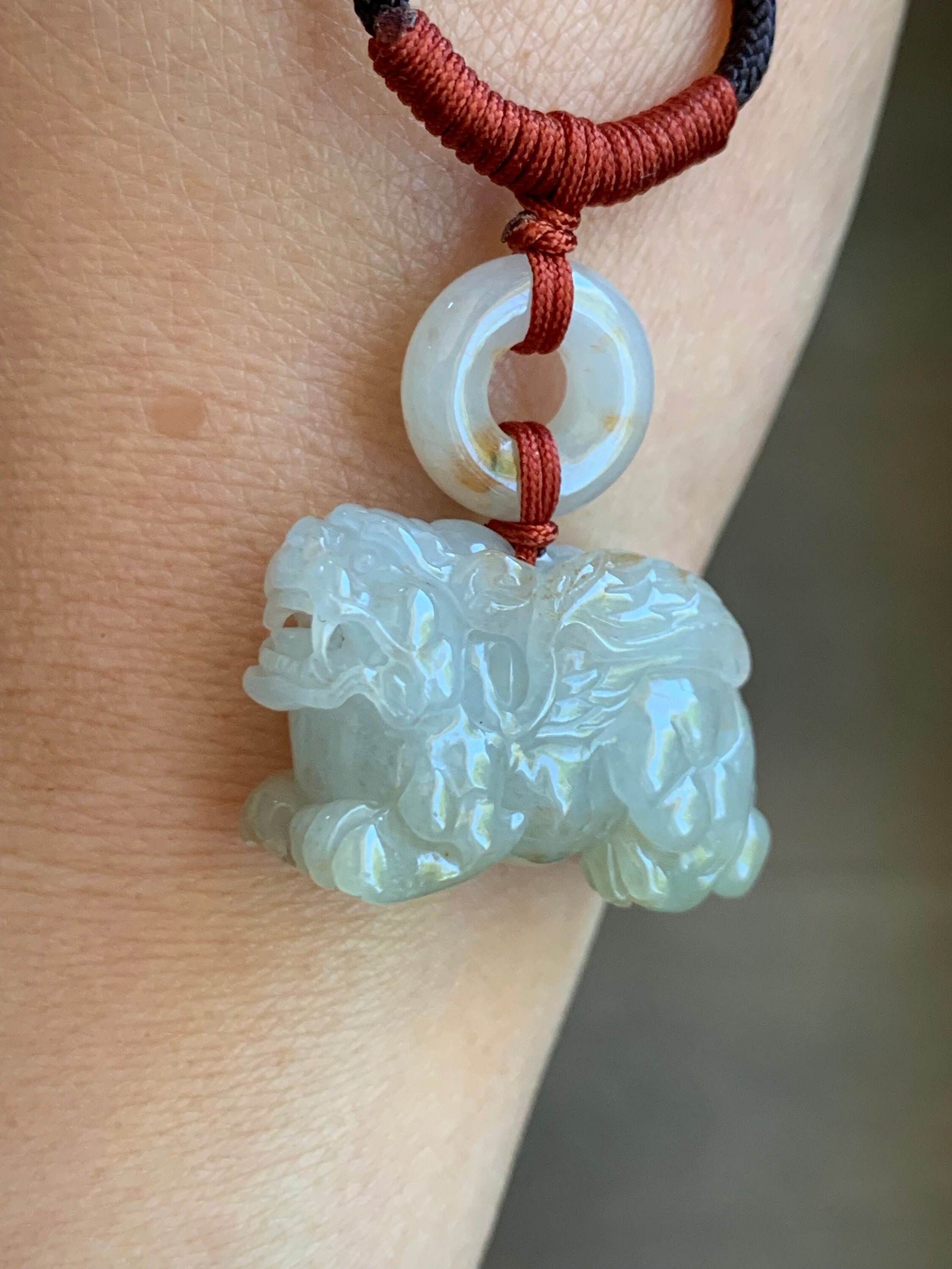 Natural Burmese Icy Translucent Gelatinous Light Beige Jadeite w/ Golden Marbling Flying Pixiu & Donut Pendant Necklace 天然缅甸冰糖黄撒金翡翠飞天貔貅平安扣项链