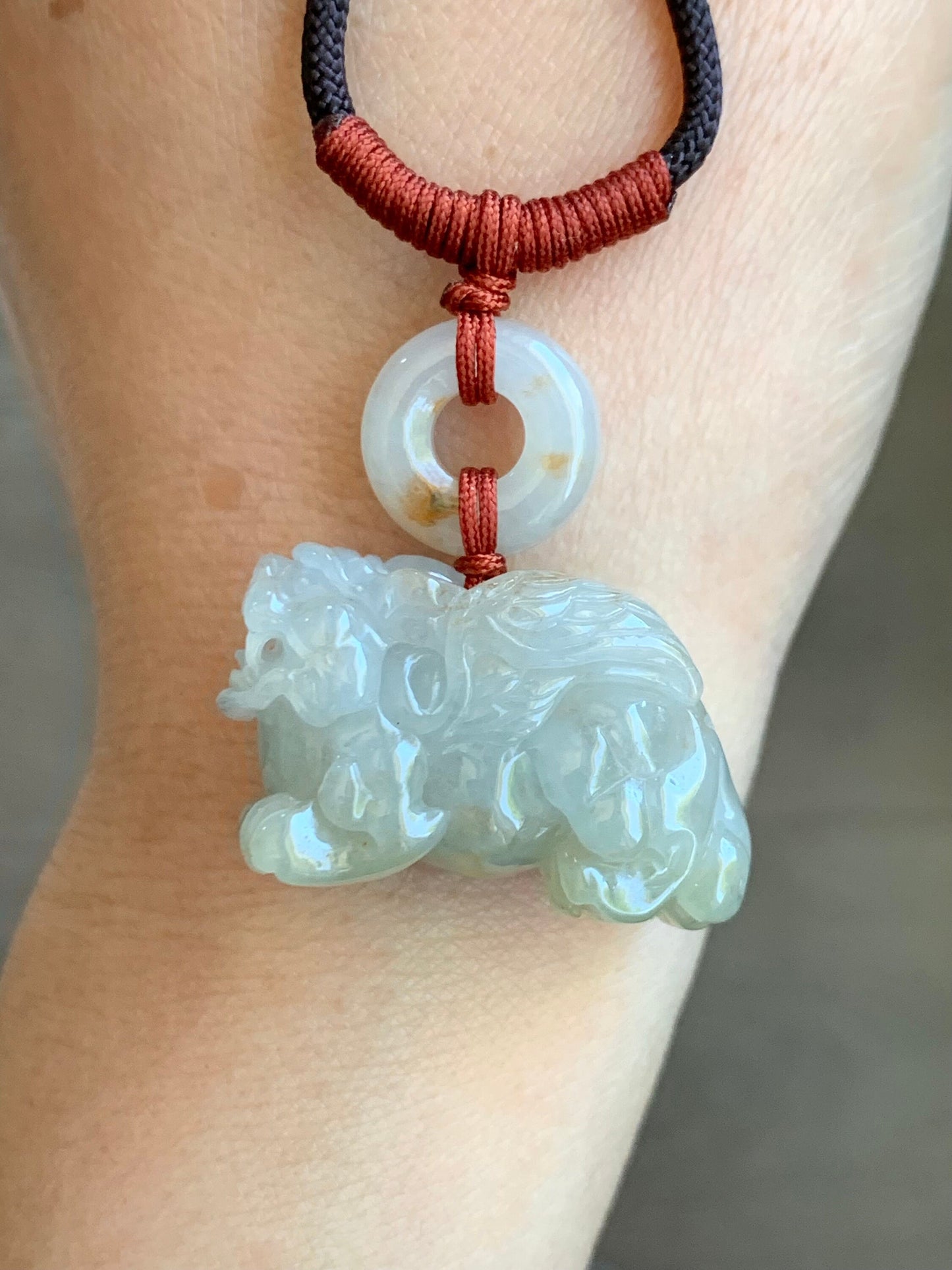 Natural Burmese Icy Translucent Gelatinous Light Beige Jadeite w/ Golden Marbling Flying Pixiu & Donut Pendant Necklace 天然缅甸冰糖黄撒金翡翠飞天貔貅平安扣项链