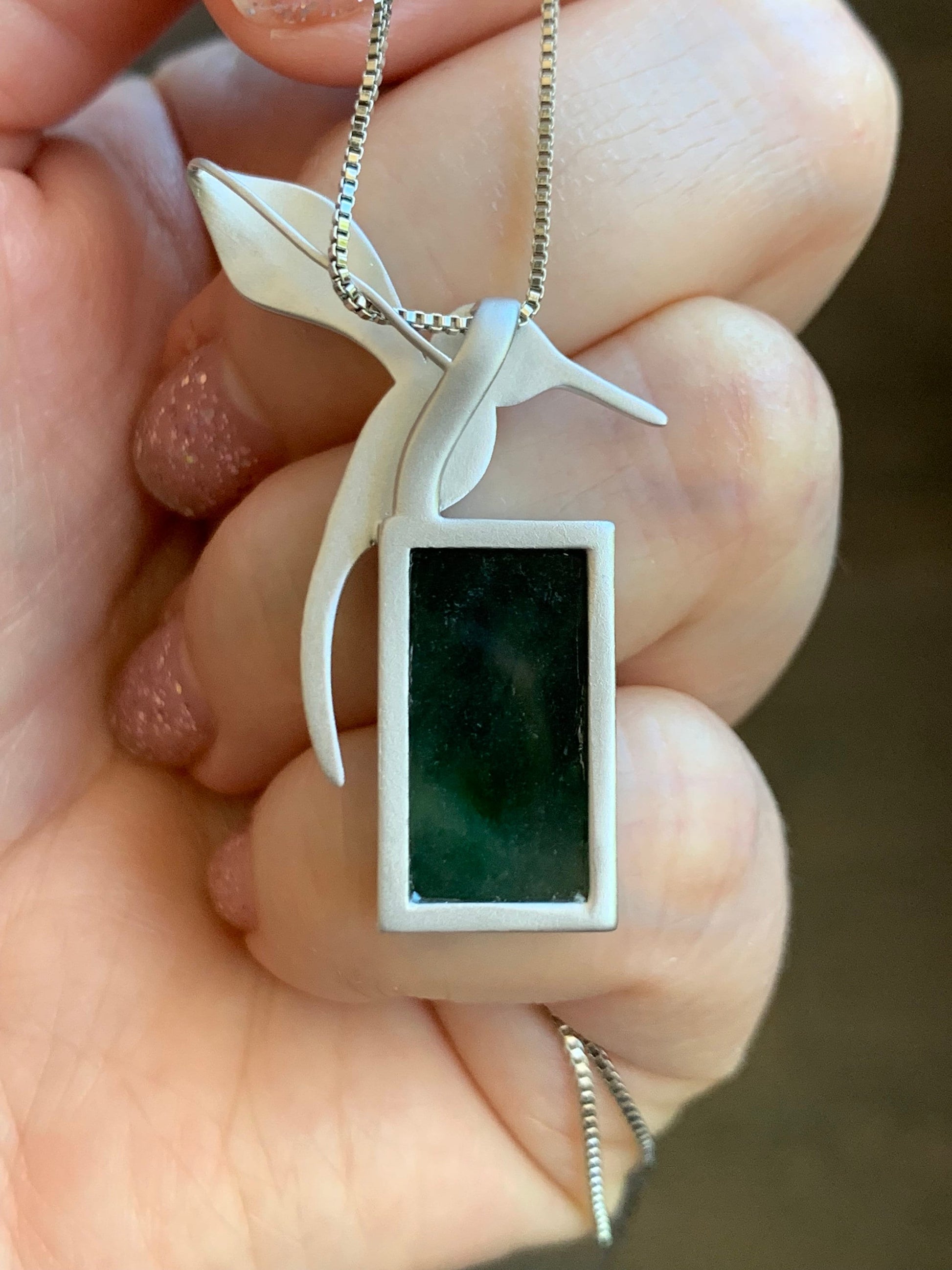 Certified Natural Burmese Icy Highly Translucent Dark Green Marbled Jadeite Hummingbird Pendant Sterling Silver 7.45g 天然缅甸冰飘花翡翠无事牌蜂鸟吊坠 7067