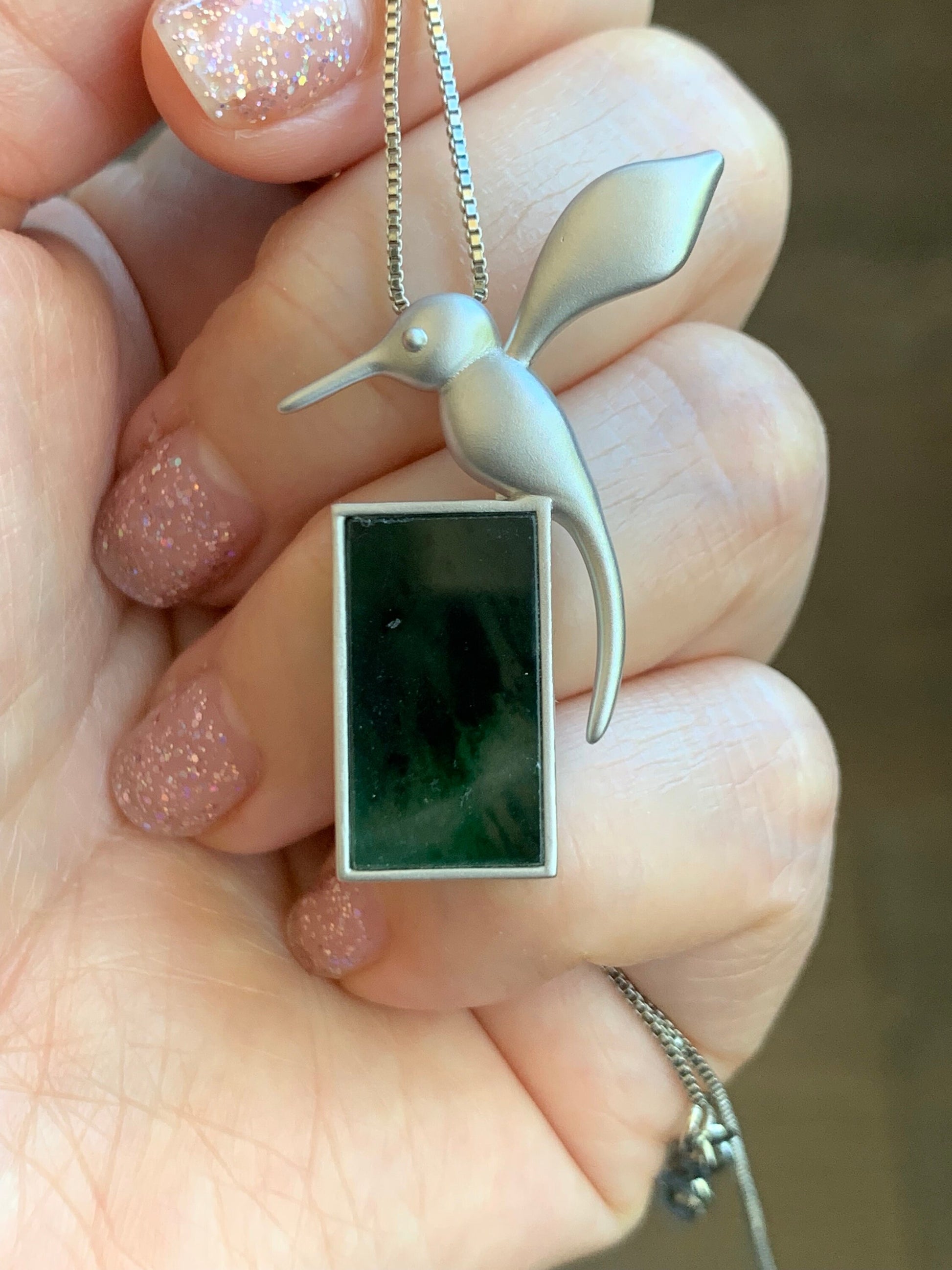 Certified Natural Burmese Icy Highly Translucent Dark Green Marbled Jadeite Hummingbird Pendant Sterling Silver 7.45g 天然缅甸冰飘花翡翠无事牌蜂鸟吊坠 7067