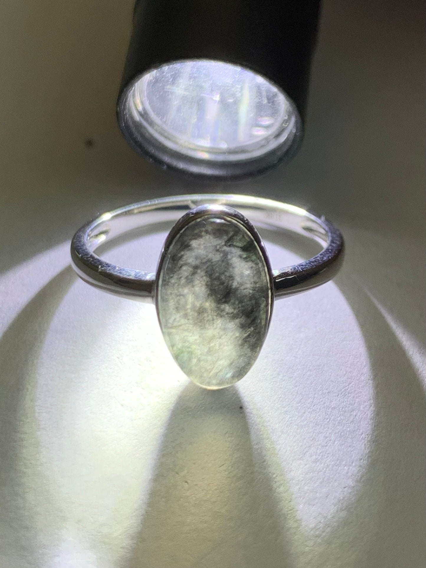 Certified Natural Burmese Icy Translucent Dark Wuji Jadeite Oval Ring 18K White Gold Size 7 天然缅甸冰乌鸡翡翠椭圆蛋面镶嵌戒指 7043