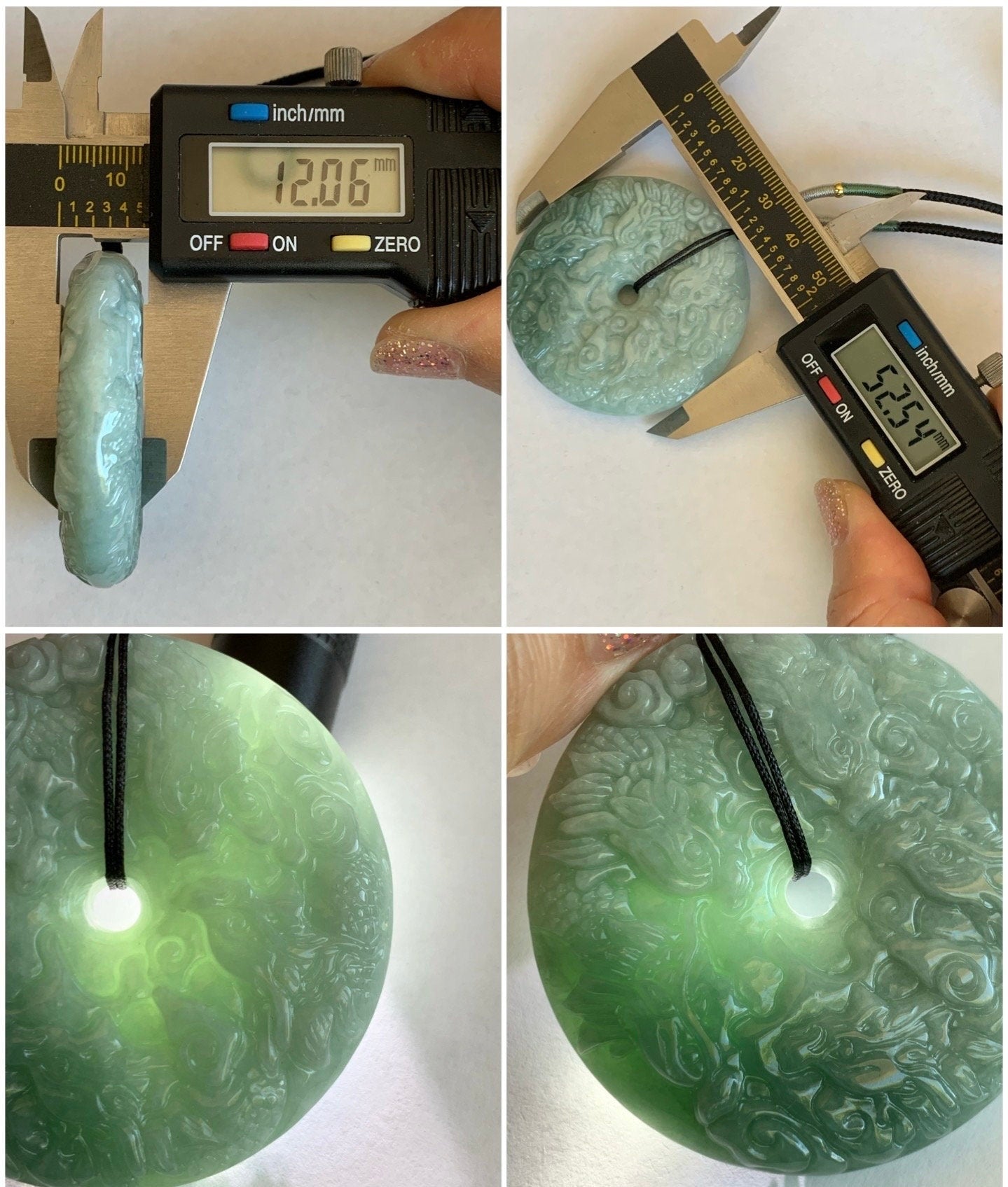 Natural Burmese Semi-Translucent Light Green Jadeite w/ Dusty Green Marbling Nine Dragons Pendant Rope Necklace 25" 65g 天然缅甸淡绿翡翠九龙牌双面雕吊坠