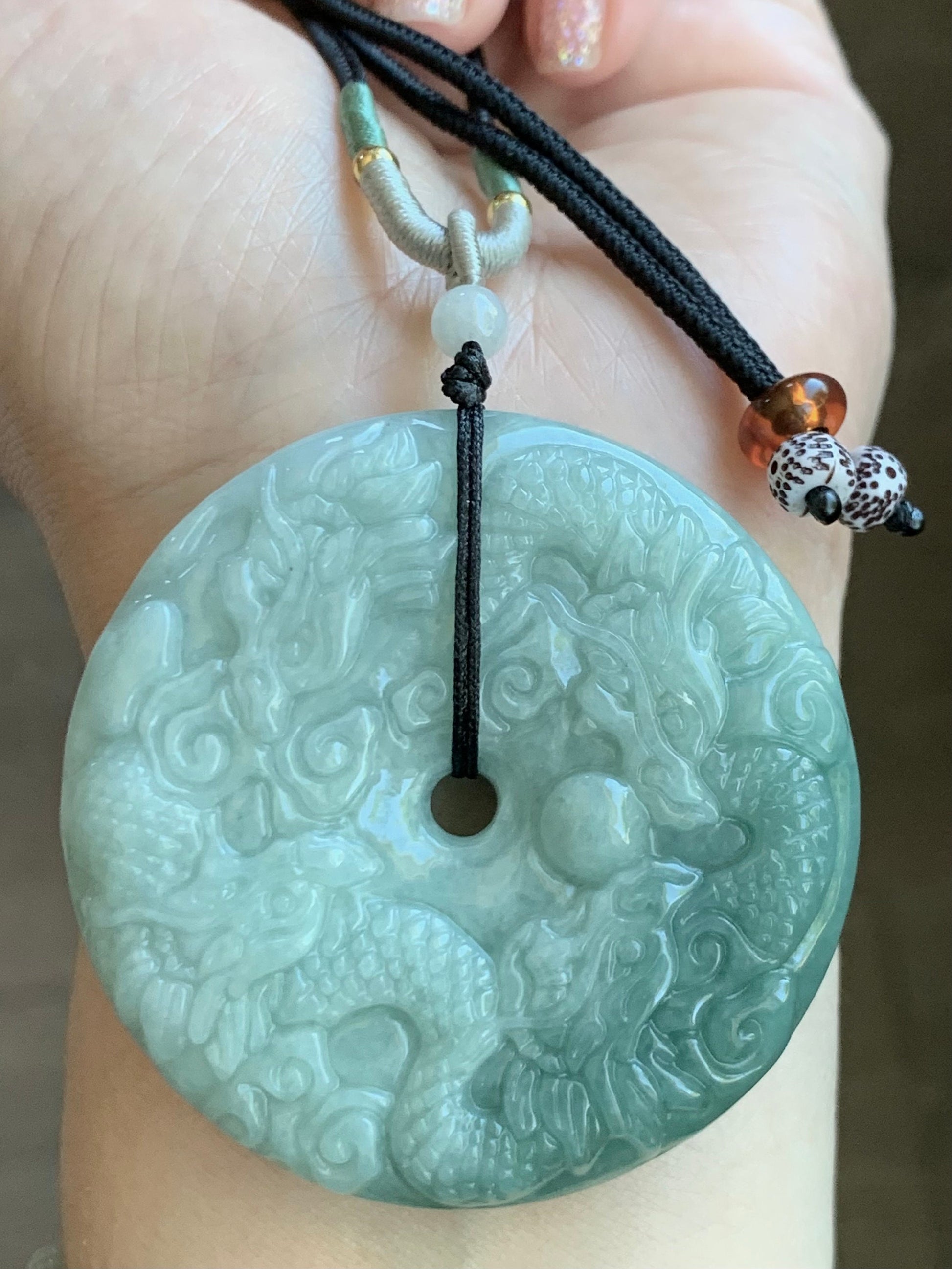 Natural Burmese Semi-Translucent Light Green Jadeite w/ Dusty Green Marbling Nine Dragons Pendant Rope Necklace 25" 65g 天然缅甸淡绿翡翠九龙牌双面雕吊坠