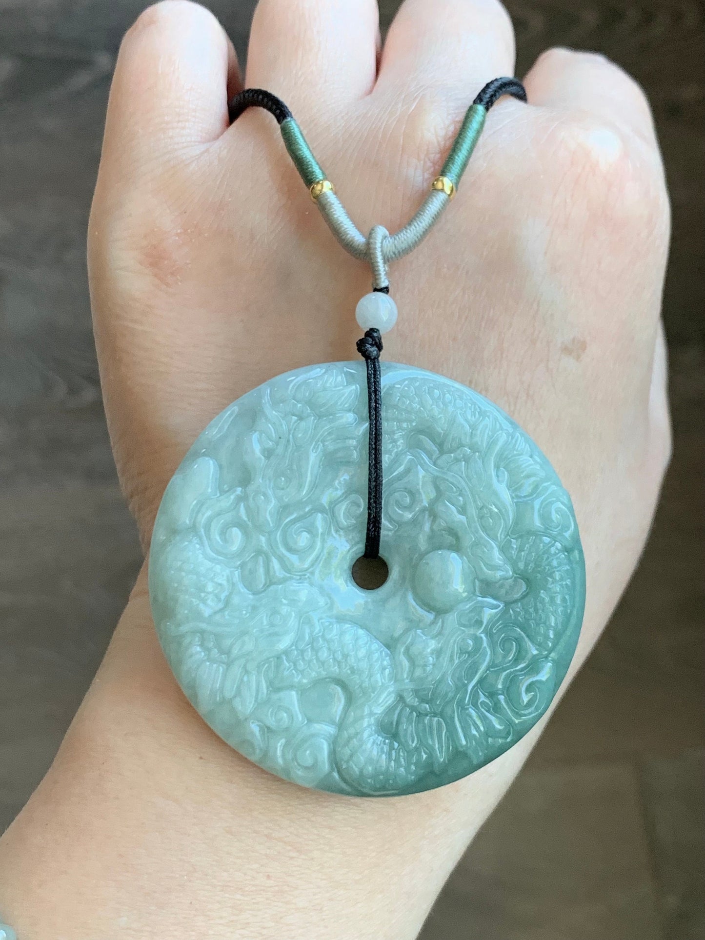 Natural Burmese Semi-Translucent Light Green Jadeite w/ Dusty Green Marbling Nine Dragons Pendant Rope Necklace 25" 65g 天然缅甸淡绿翡翠九龙牌双面雕吊坠