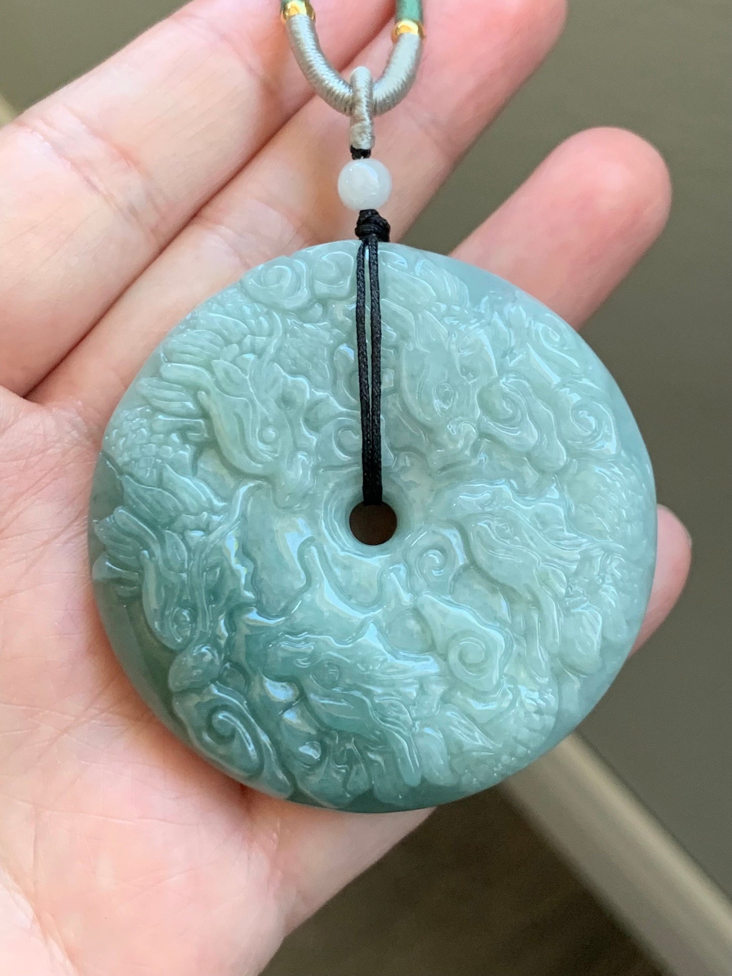 Natural Burmese Semi-Translucent Light Green Jadeite w/ Dusty Green Marbling Nine Dragons Pendant Rope Necklace 25" 65g 天然缅甸淡绿翡翠九龙牌双面雕吊坠