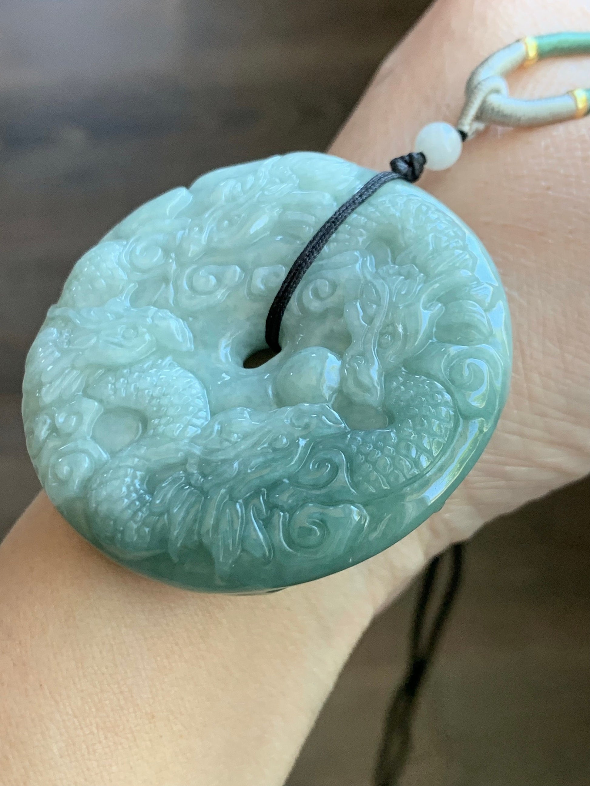 Natural Burmese Semi-Translucent Light Green Jadeite w/ Dusty Green Marbling Nine Dragons Pendant Rope Necklace 25" 65g 天然缅甸淡绿翡翠九龙牌双面雕吊坠