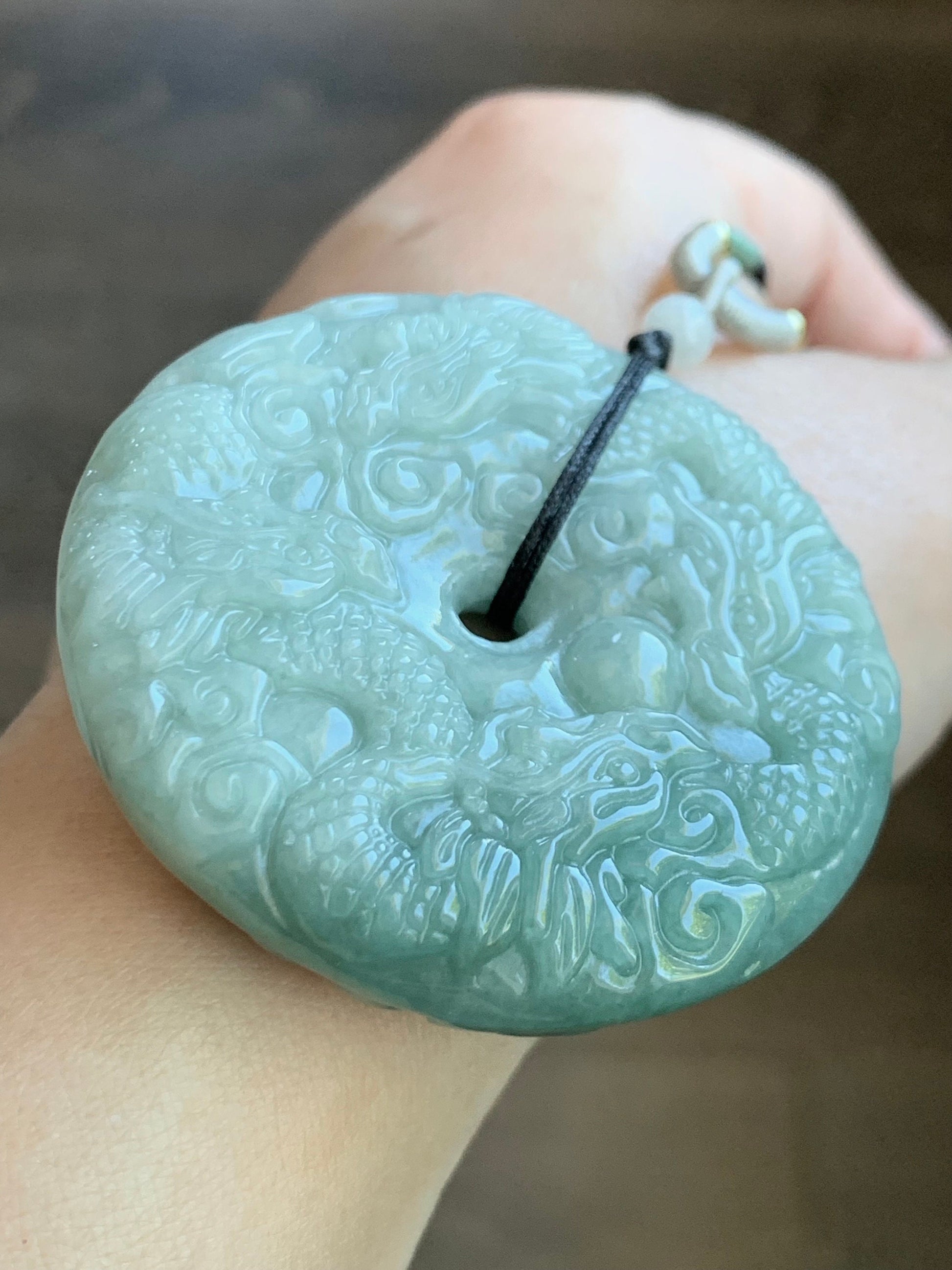 Natural Burmese Semi-Translucent Light Green Jadeite w/ Dusty Green Marbling Nine Dragons Pendant Rope Necklace 25" 65g 天然缅甸淡绿翡翠九龙牌双面雕吊坠