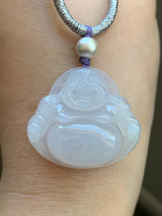 Certified Natural Burmese Icy Translucent Pale Purple Jadeite Buddha Pendant Rope Necklace Sterling Silver 23” 天然缅甸冰淡紫底翡翠佛公吊坠 7076