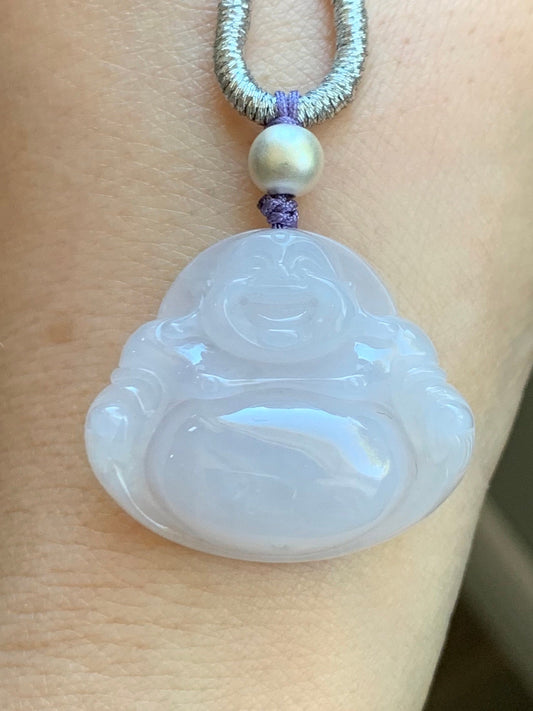 Certified Natural Burmese Icy Translucent Pale Purple Jadeite Buddha Pendant Rope Necklace Sterling Silver 26” 天然缅甸冰淡紫底翡翠佛公吊坠 7077