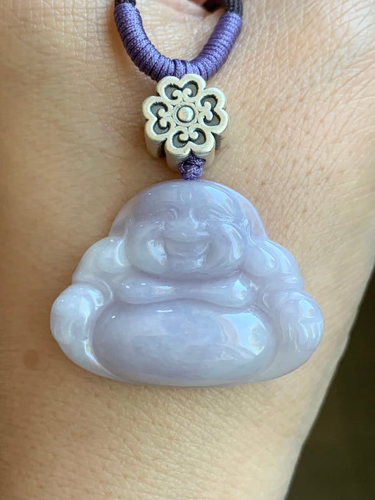 Certified Natural Burmese Icy Translucent Light Purple Jadeite Buddha Pendant Rope Necklace Sterling Silver 30” 天然缅甸冰淡紫底翡翠佛公吊坠 7075