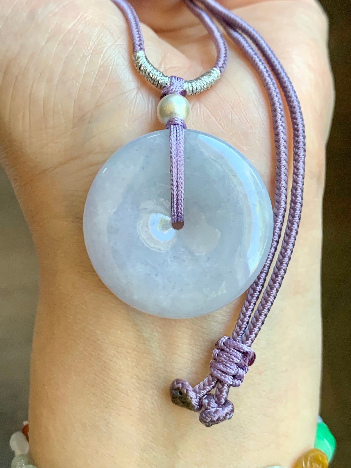 Certified Natural Burmese Icy Translucent Light Purple Jadeite Ping An Kou Donut Pendant Rope Necklace Sterling Silver 30” 天然缅甸冰糯紫翡翠平安扣吊坠项链