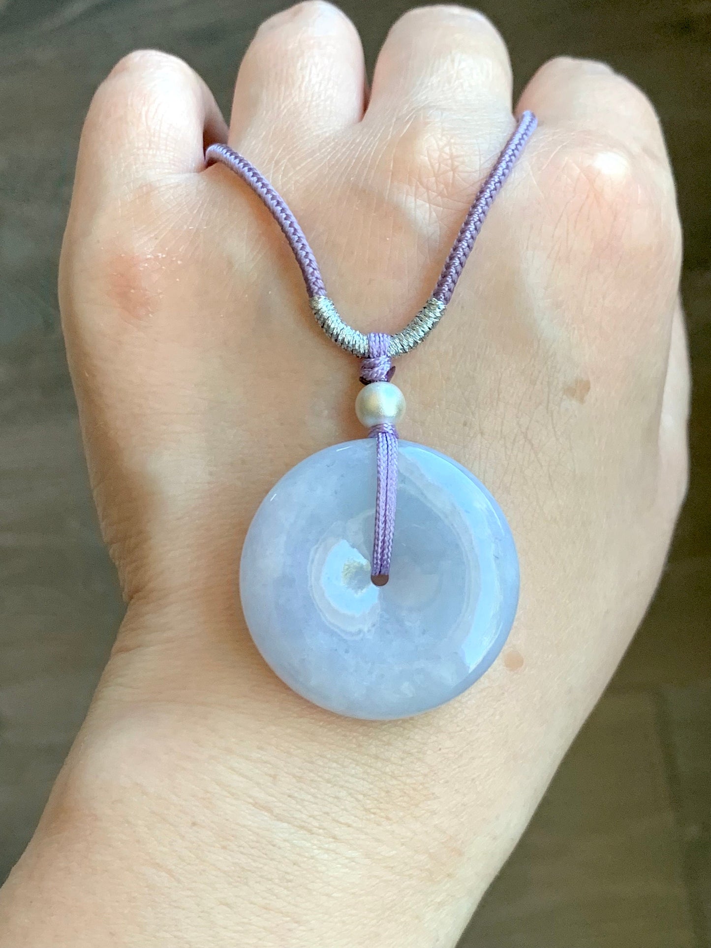 Certified Natural Burmese Icy Translucent Light Purple Jadeite Ping An Kou Donut Pendant Rope Necklace Sterling Silver 30” 天然缅甸冰糯紫翡翠平安扣吊坠项链