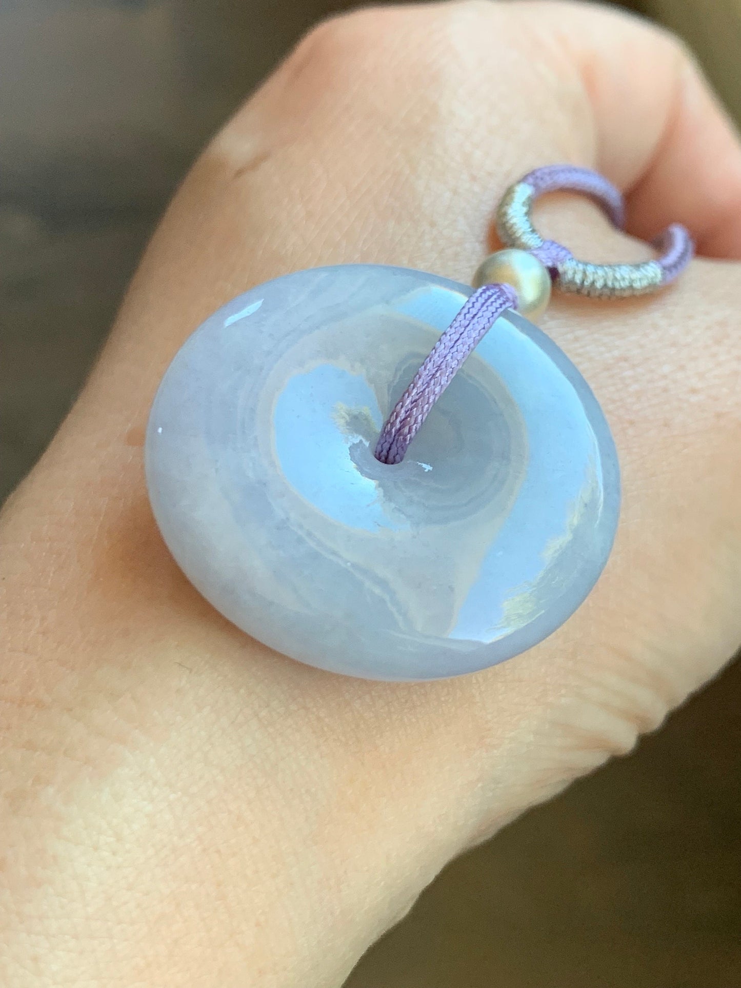 Certified Natural Burmese Icy Translucent Light Purple Jadeite Ping An Kou Donut Pendant Rope Necklace Sterling Silver 30” 天然缅甸冰糯紫翡翠平安扣吊坠项链