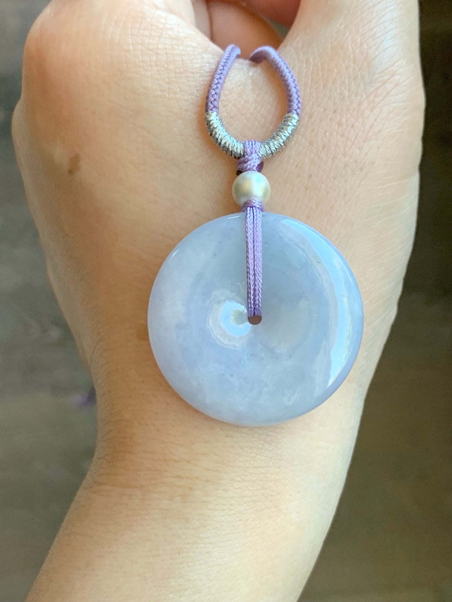 Certified Natural Burmese Icy Translucent Light Purple Jadeite Ping An Kou Donut Pendant Rope Necklace Sterling Silver 30” 天然缅甸冰糯紫翡翠平安扣吊坠项链