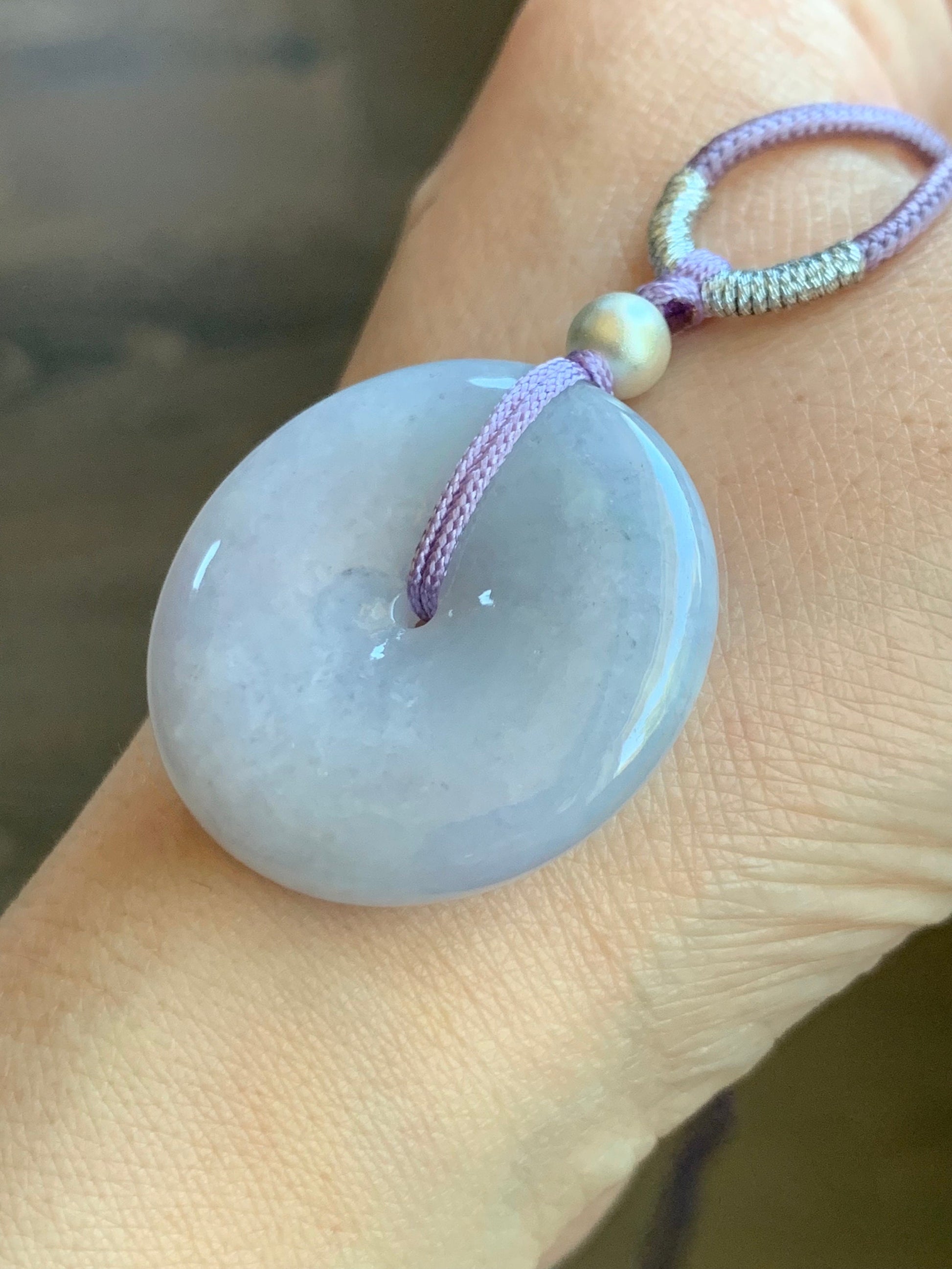 Certified Natural Burmese Icy Translucent Light Purple Jadeite Ping An Kou Donut Pendant Rope Necklace Sterling Silver 30” 天然缅甸冰糯紫翡翠平安扣吊坠项链