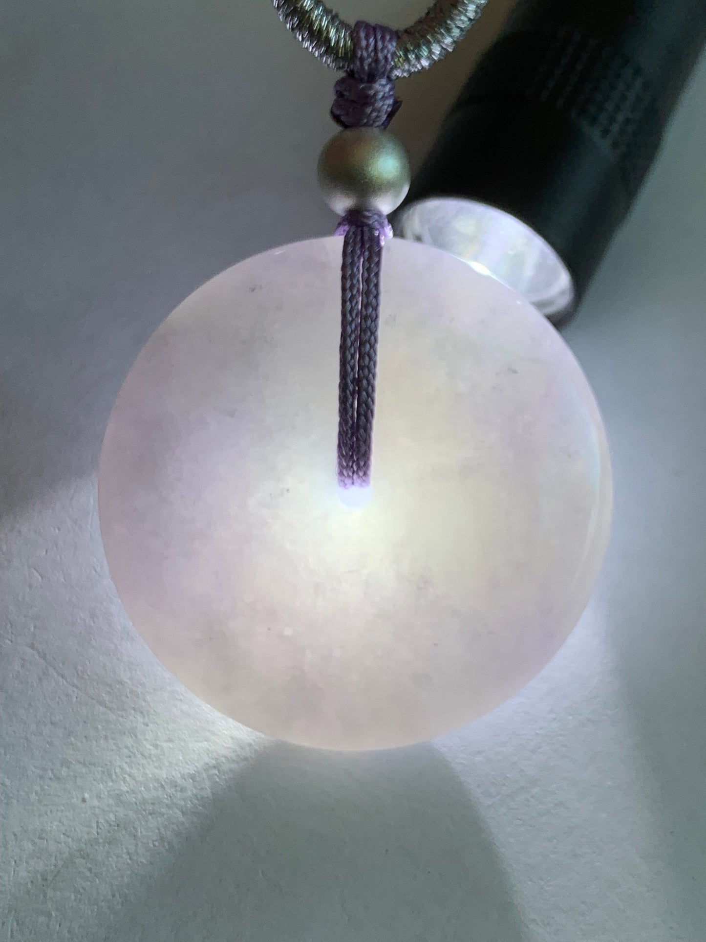 Certified Natural Burmese Icy Translucent Light Purple Jadeite Ping An Kou Donut Pendant Rope Necklace Sterling Silver 30” 天然缅甸冰糯紫翡翠平安扣吊坠项链