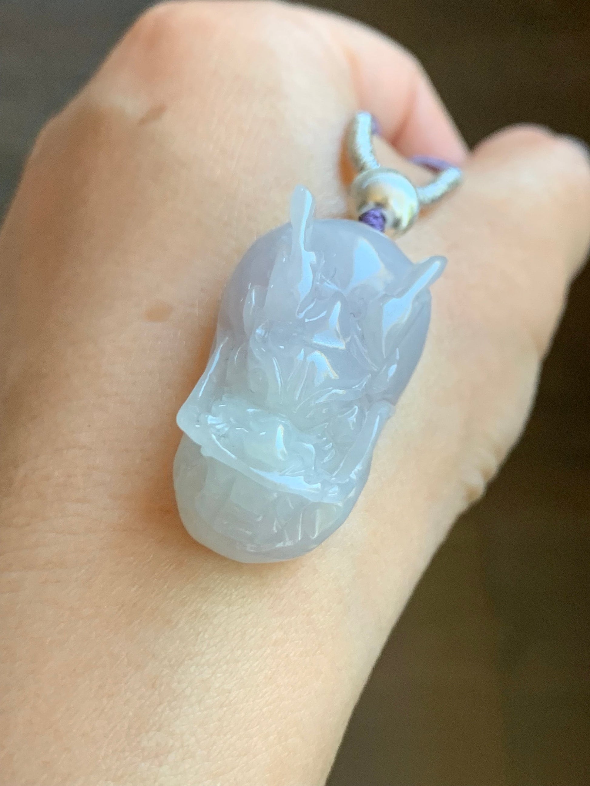 Natural Burmese Icy Translucent Light Blue Jadeite Carved Dragon Pendant Sterling Silver Rope Necklace 19g 26” Adjustable 天然缅甸冰淡紫翡翠龙头吊坠项链