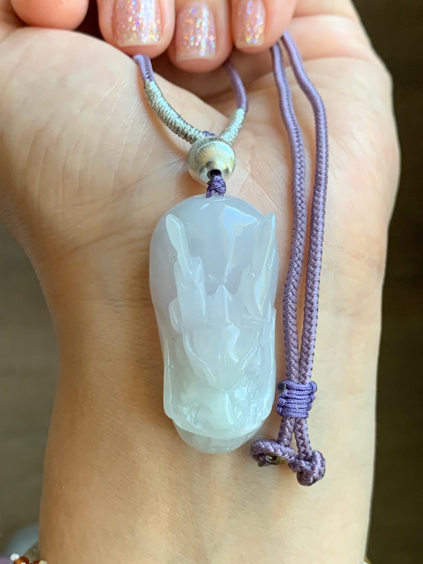 Natural Burmese Icy Translucent Light Blue Jadeite Carved Dragon Pendant Sterling Silver Rope Necklace 19g 26” Adjustable 天然缅甸冰淡紫翡翠龙头吊坠项链