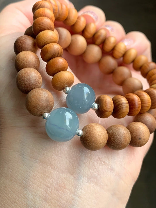 Natural Guatemalan Icy Translucent Gelatinous Dusty Blue Jadeite Apple Bead Wood Beads Sterling Silver Beaded Bracelet 7” 天然冰胶危蓝翡翠苹果珠木珠手串