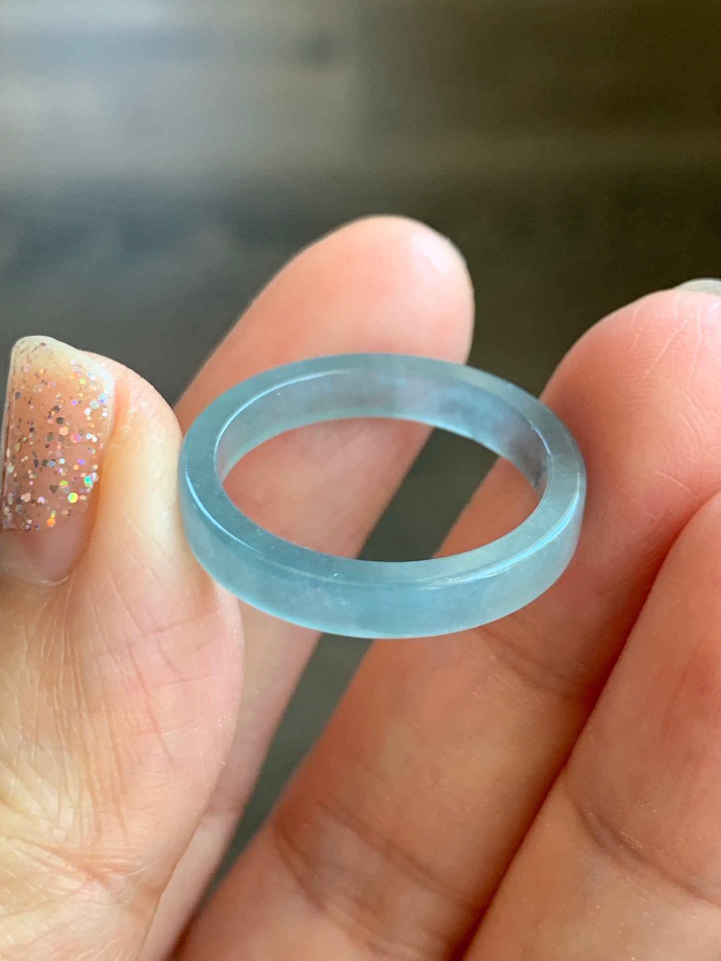 Natural Guatemalan Icy Translucent Dusty Blue Jadeite Square Edged Band Ring Size 9 天然冰危蓝翡翠角戒戒圈 FJW317-C