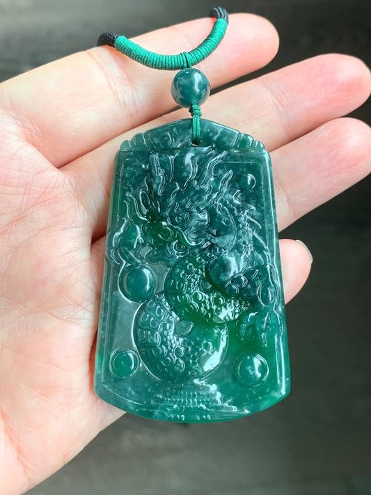 Natural Guatemalan Icy Translucent Teal Green Jadeite Vibrant Green Marbling Dragon Pendant Rope Necklace 32" Adjustable 21g 天然冰危湖水蓝飘绿翡翠龙牌吊坠