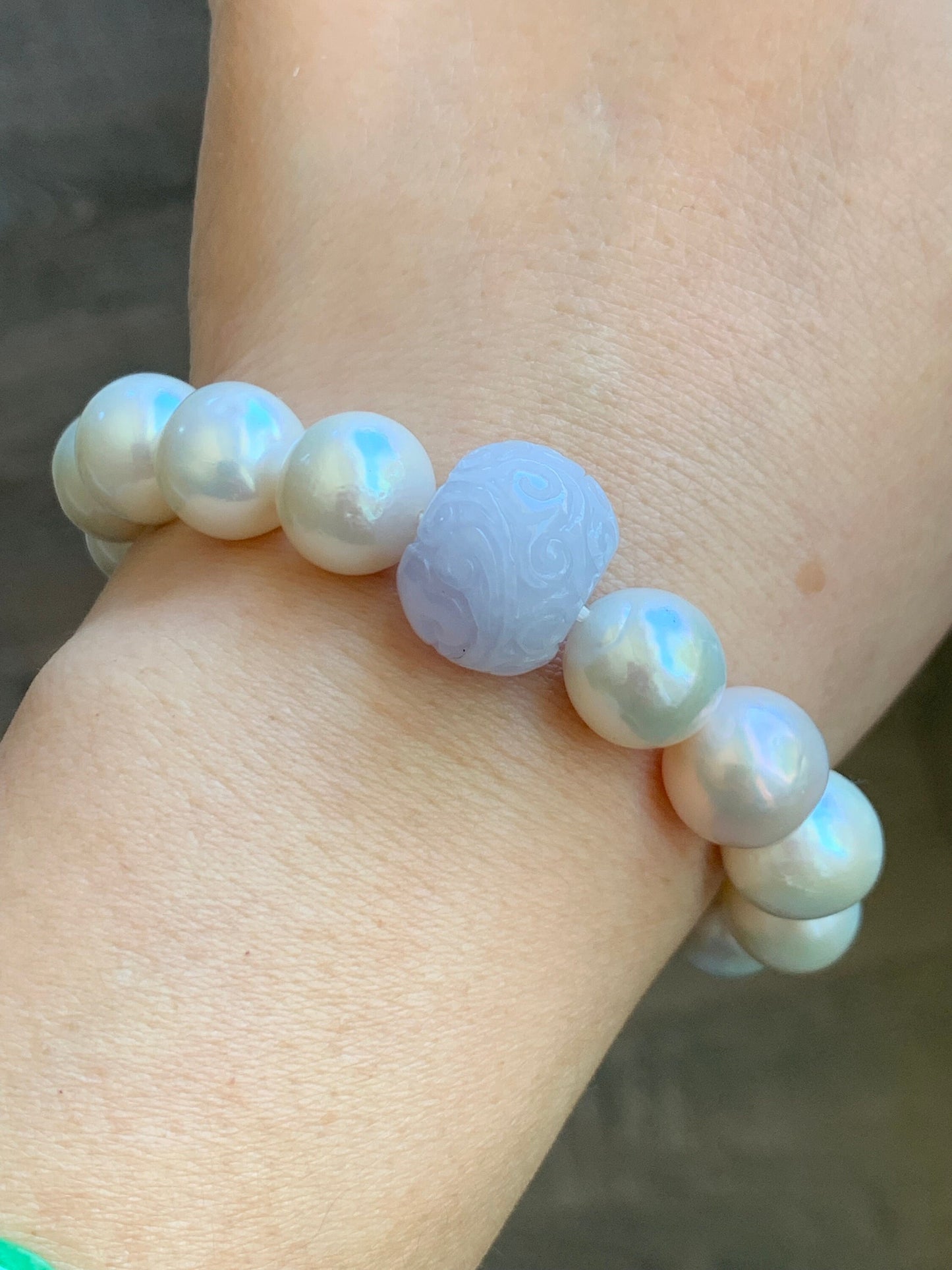 Natural Burmese Grade A Icy Translucent Light Purple Jadeite Drum Bead Large Natural Baroque Pearls Beaded Bracelet 7” 37g 天然缅甸冰紫翡翠鼓珠淡水大珍珠手串