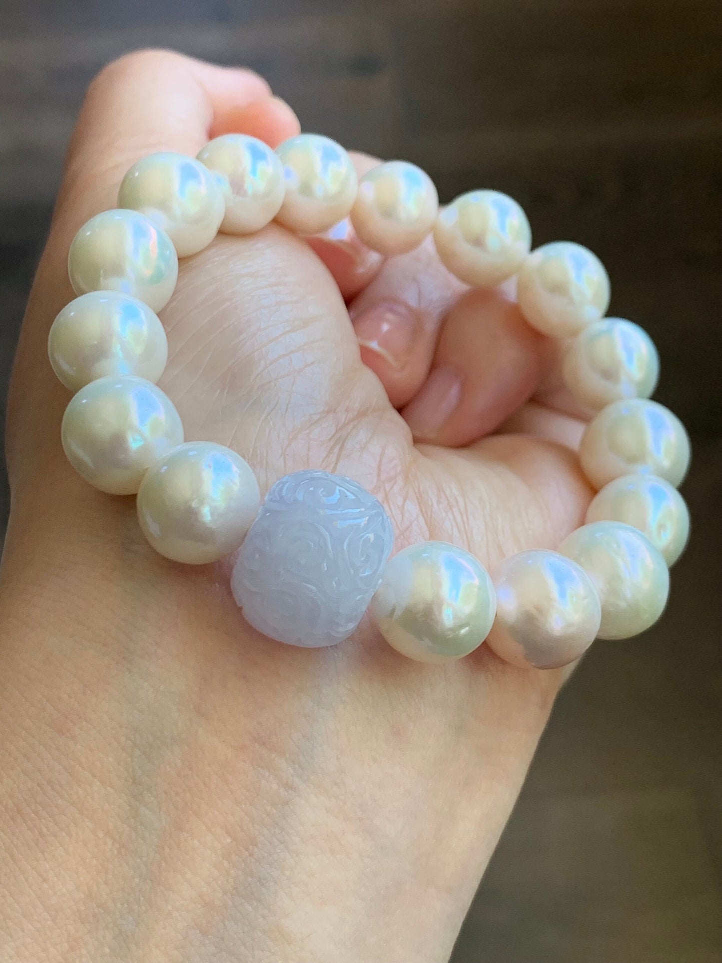 Natural Burmese Grade A Icy Translucent Light Purple Jadeite Drum Bead Large Natural Baroque Pearls Beaded Bracelet 7” 37g 天然缅甸冰紫翡翠鼓珠淡水大珍珠手串