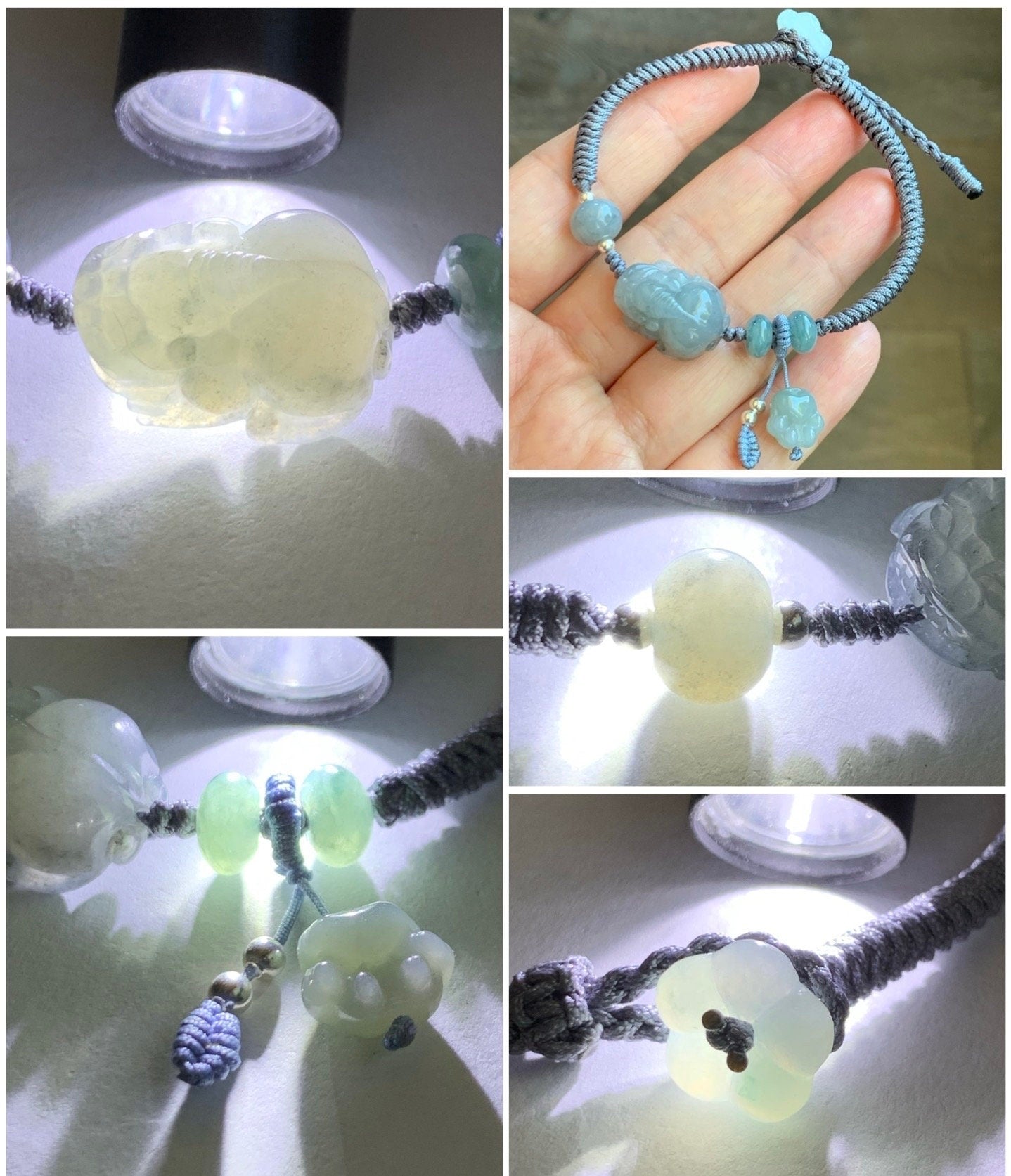 Natural Burmese Icy Translucent Gelatinous Wuji Jadeite Pixiu Jadeite Drum Beads & Paw Charm Rope Bracelet 6.5” Adjustable 天然缅甸冰胶乌鸡翡翠貔貅爪印手绳