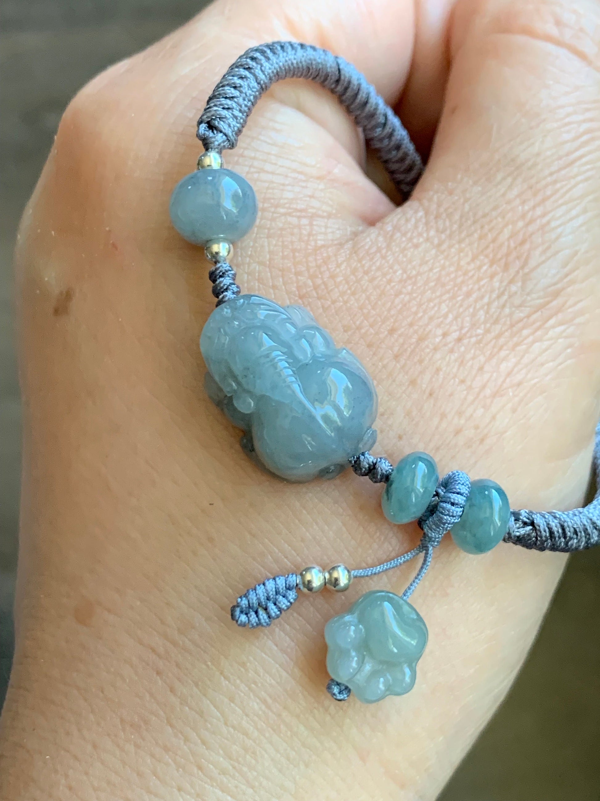 Natural Burmese Icy Translucent Gelatinous Wuji Jadeite Pixiu Jadeite Drum Beads & Paw Charm Rope Bracelet 6.5” Adjustable 天然缅甸冰胶乌鸡翡翠貔貅爪印手绳