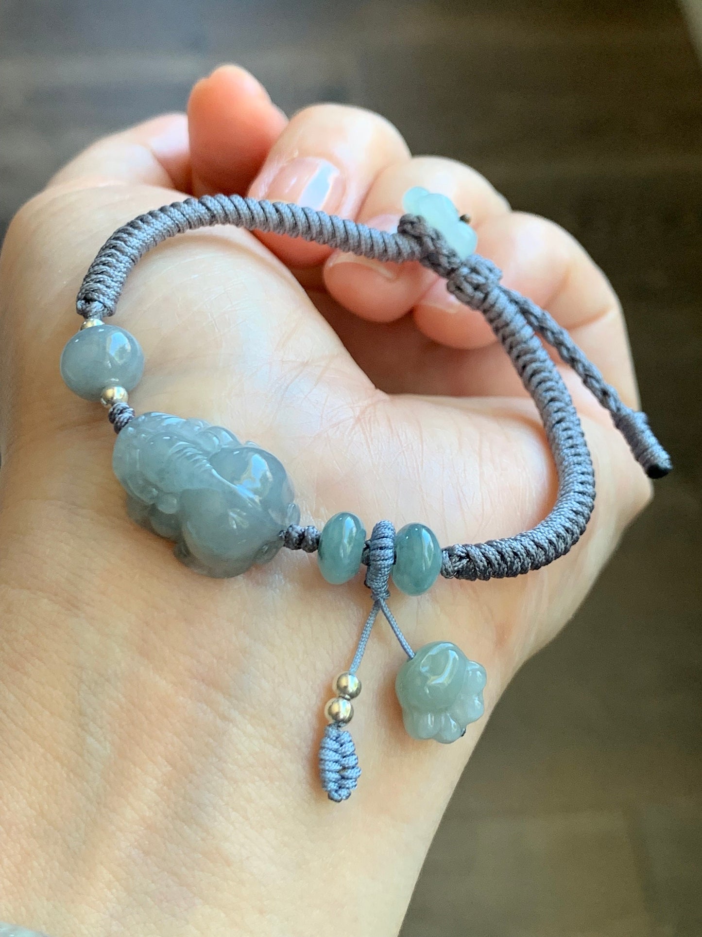 Natural Burmese Icy Translucent Gelatinous Wuji Jadeite Pixiu Jadeite Drum Beads & Paw Charm Rope Bracelet 6.5” Adjustable 天然缅甸冰胶乌鸡翡翠貔貅爪印手绳