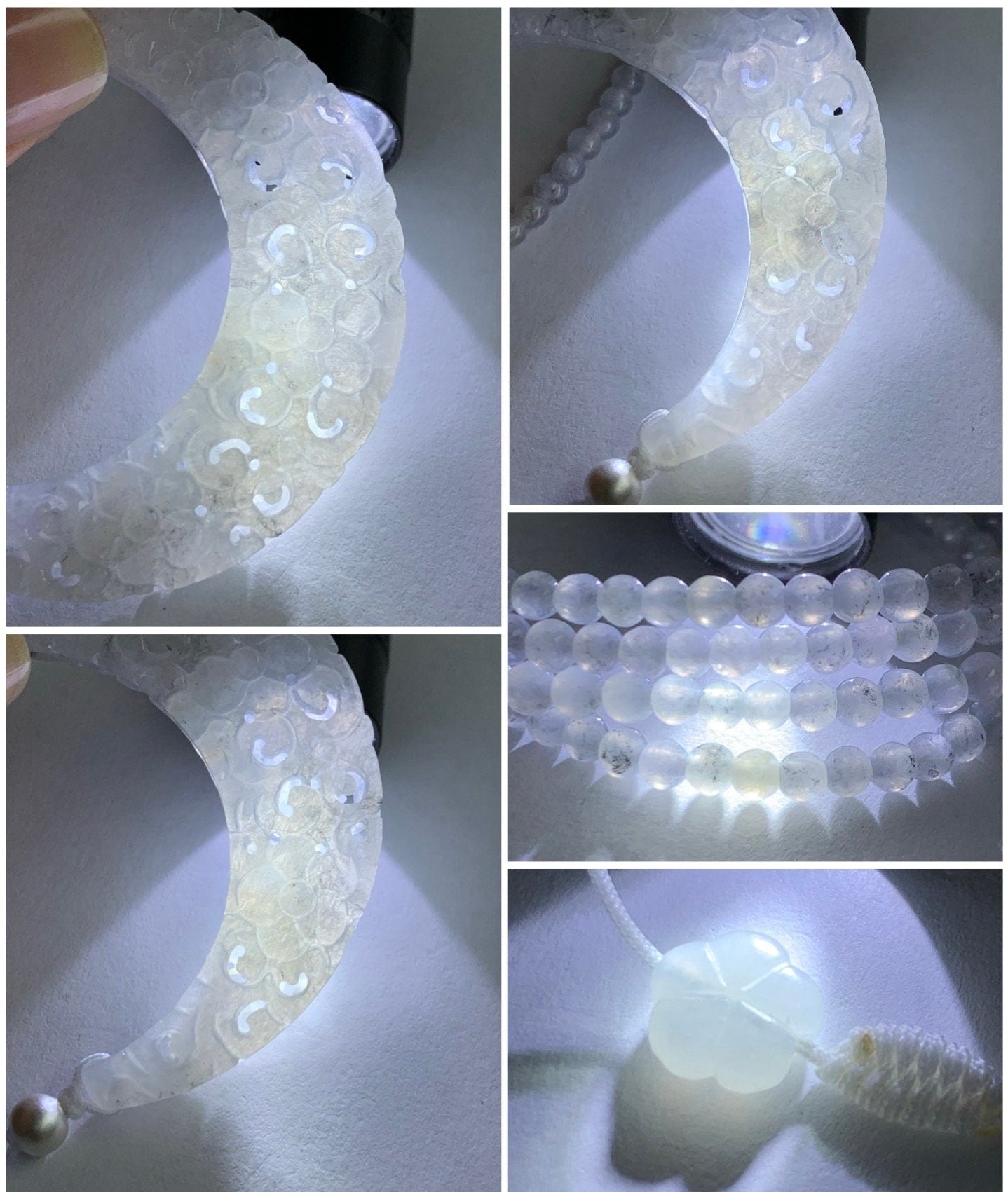 Natural Burmese Icy White Wuji Jadeite Openwork Engraved Crescent Moon Pendant Sterling Silver Beaded Necklace 17” 天然缅甸冰胶乌鸡翡翠镂空雕弯月玉横小圆珠项链