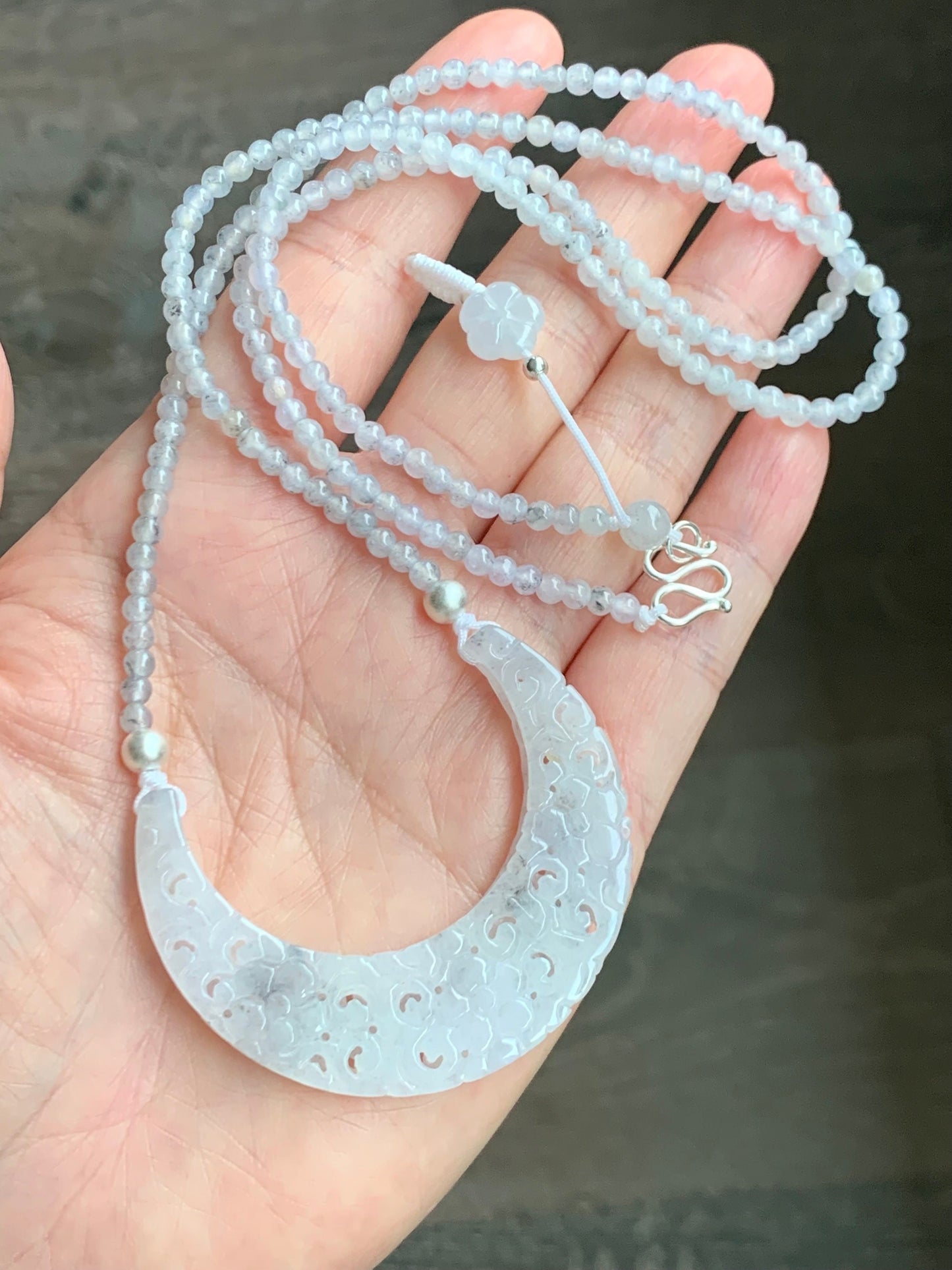 Natural Burmese Icy White Wuji Jadeite Openwork Engraved Crescent Moon Pendant Sterling Silver Beaded Necklace 17” 天然缅甸冰胶乌鸡翡翠镂空雕弯月玉横小圆珠项链