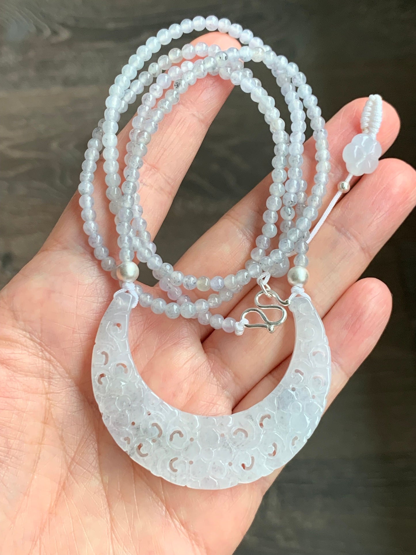 Natural Burmese Icy White Wuji Jadeite Openwork Engraved Crescent Moon Pendant Sterling Silver Beaded Necklace 17” 天然缅甸冰胶乌鸡翡翠镂空雕弯月玉横小圆珠项链