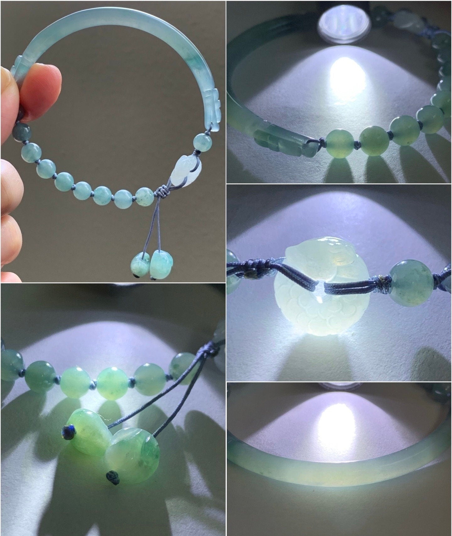 Natural Guatemalan Icy Light Dusty Blue Jadeite w/ Teal Marbling Open Bangle Bracelet Dragon Rabbit Moon Charms 7.5” 14g 天然冰胶危篮飘花翡翠半镯龙圈月亮兔手串